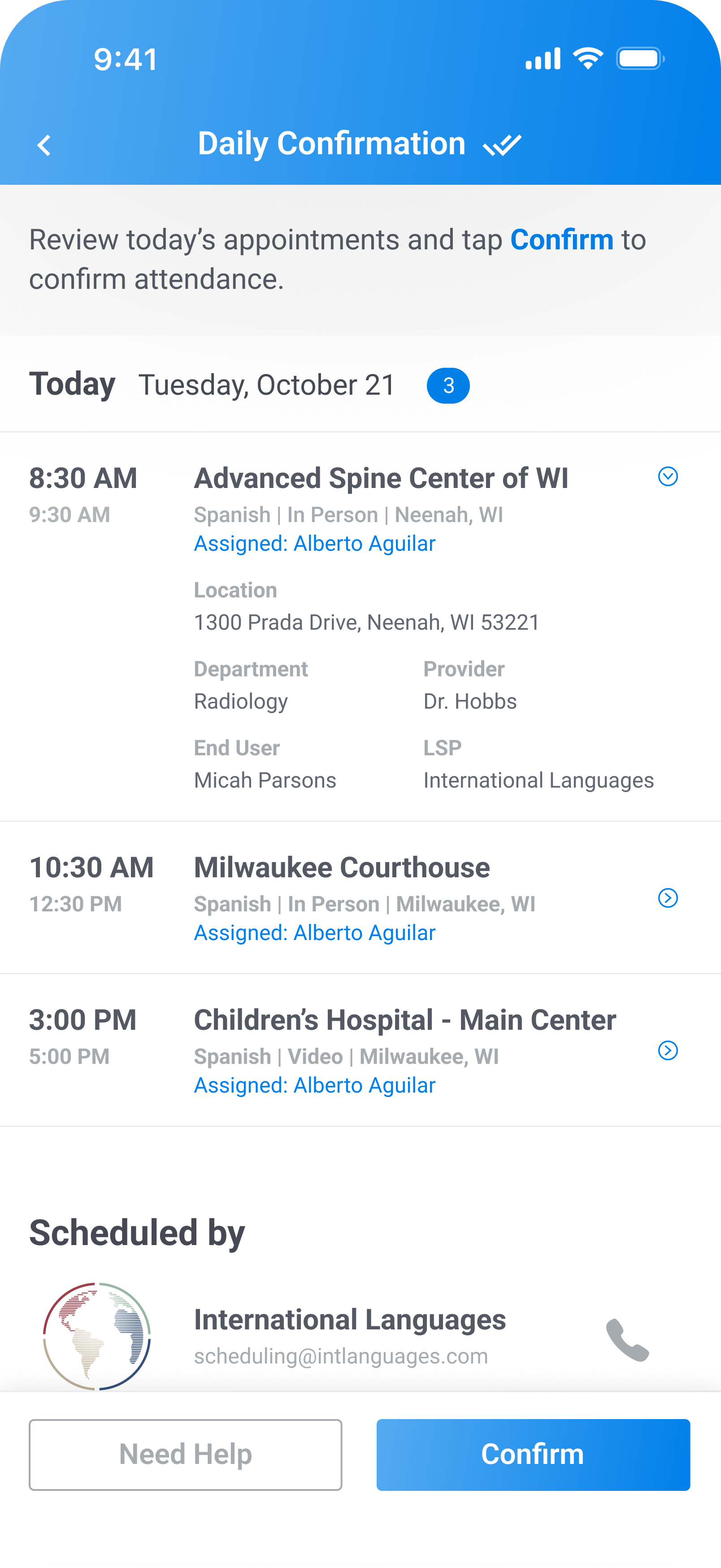 An interpreter confirming today's appointments in the app