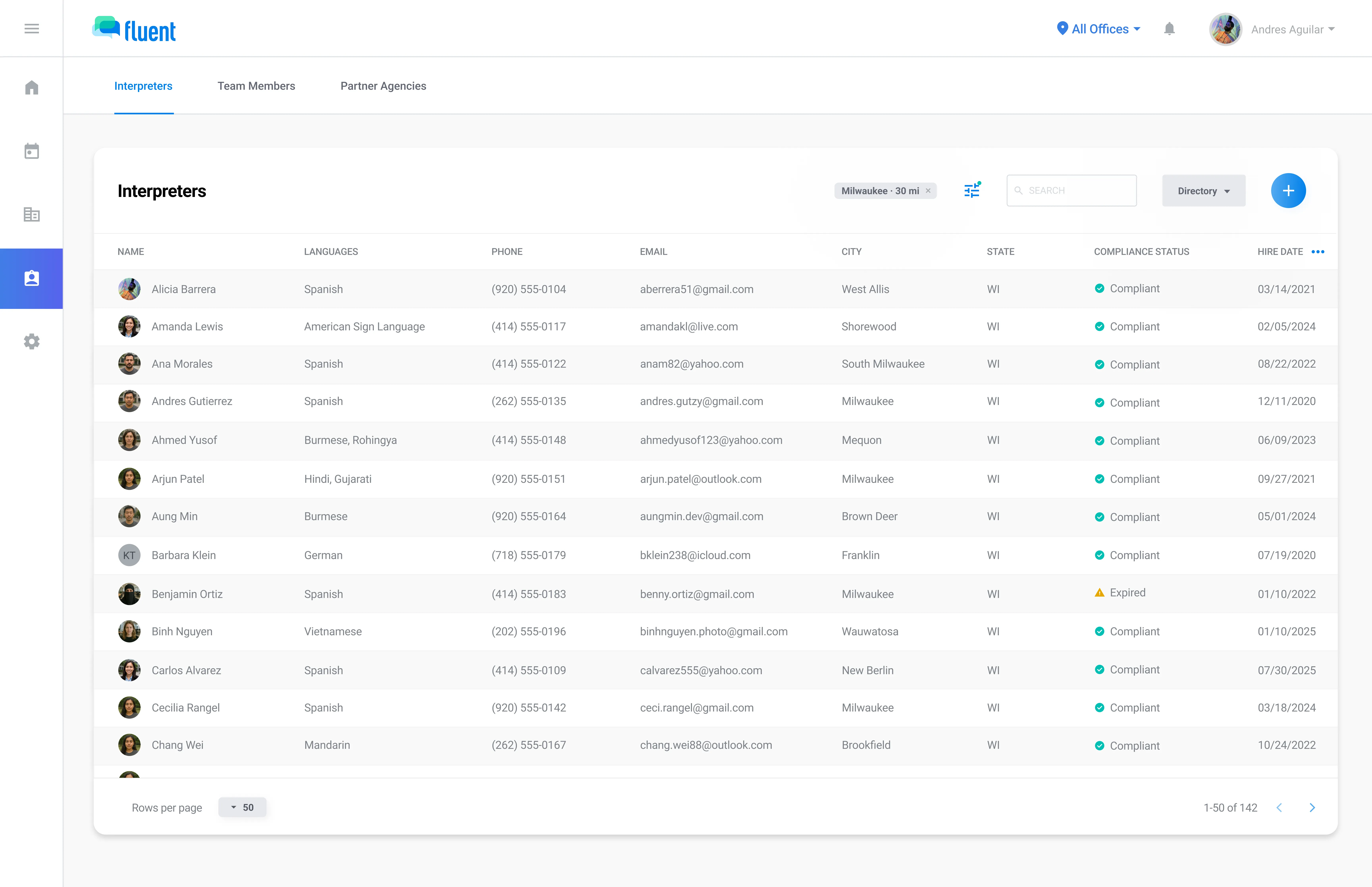 Team page list view with interpreter directory columns, languages, and status