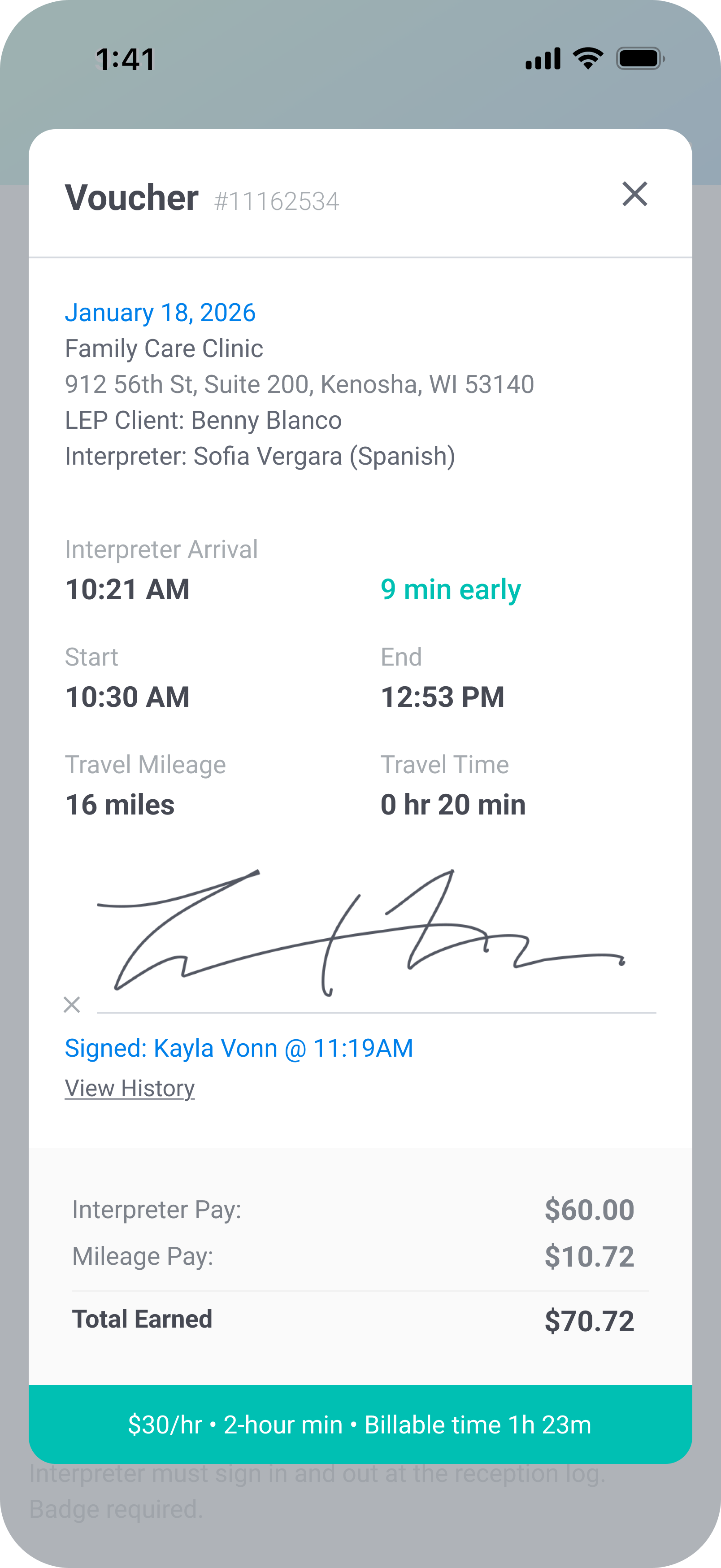 Interpreter voucher payment info in the Fluent mobile app