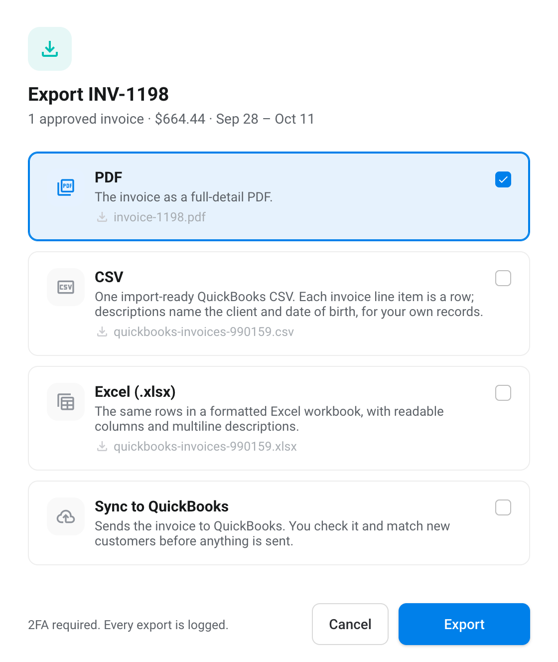 The Export dialog for invoice INV-1198: PDF, CSV and Excel options with PDF ticked, and an Export button