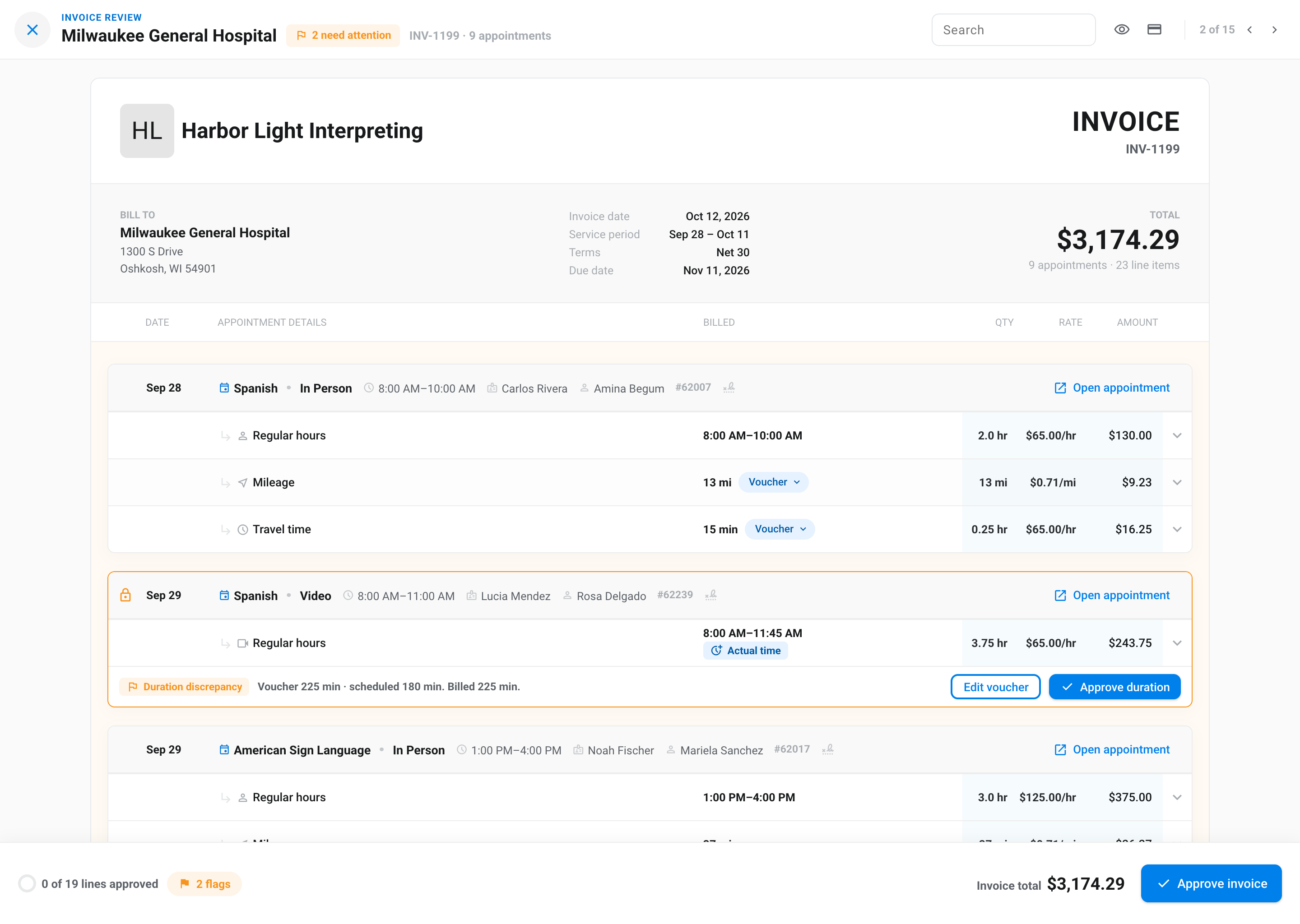 A draft invoice in review with mileage and travel time discrepancy flags on an appointment