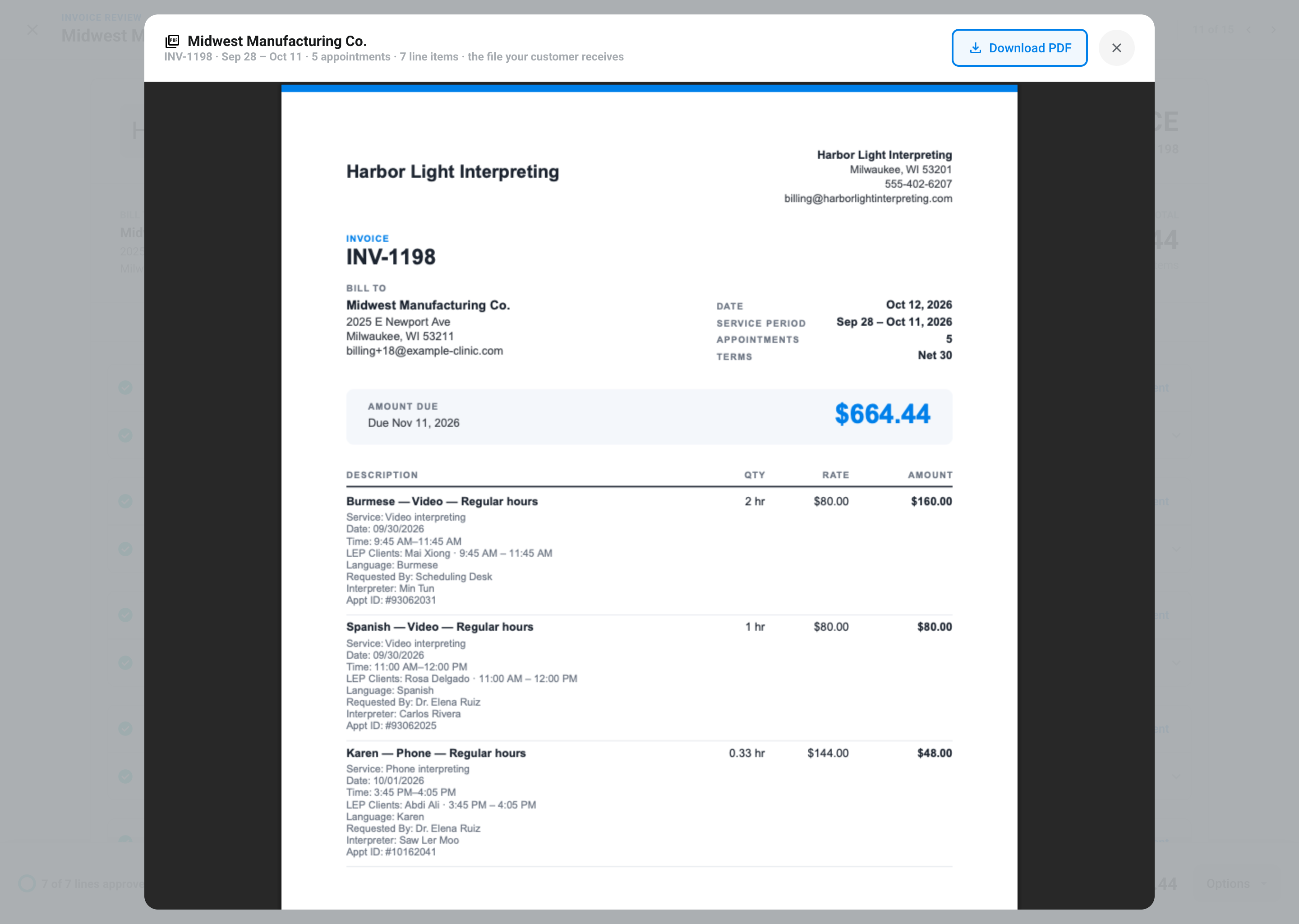 The invoice PDF your customer receives, previewed in Fluent with a Download PDF button