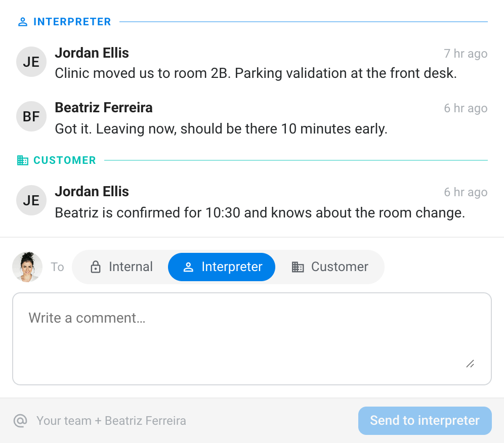 An appointment comment thread with interpreter and customer audiences
