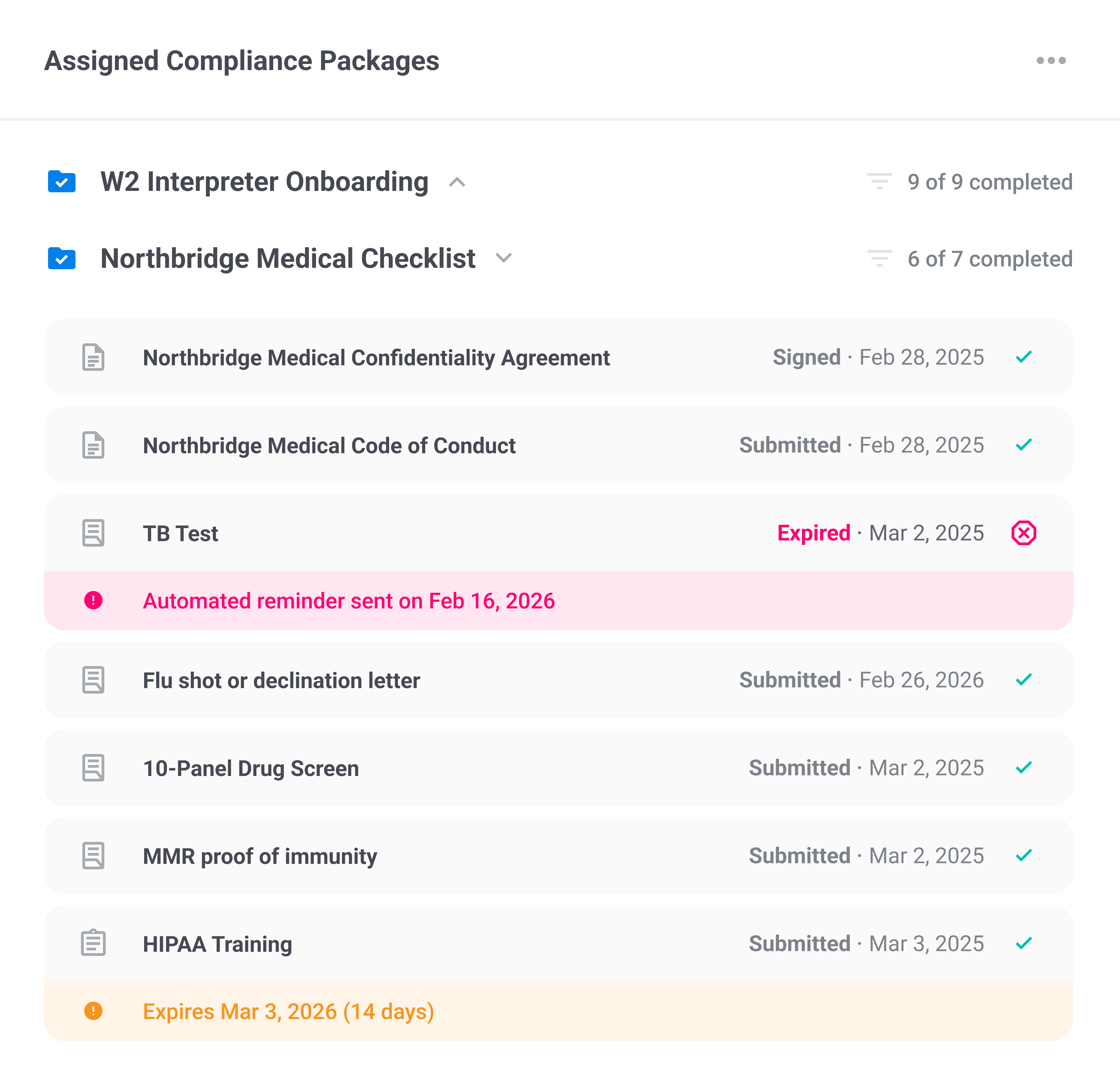 Interpreter compliance checklist with requirements, documents, and completion status