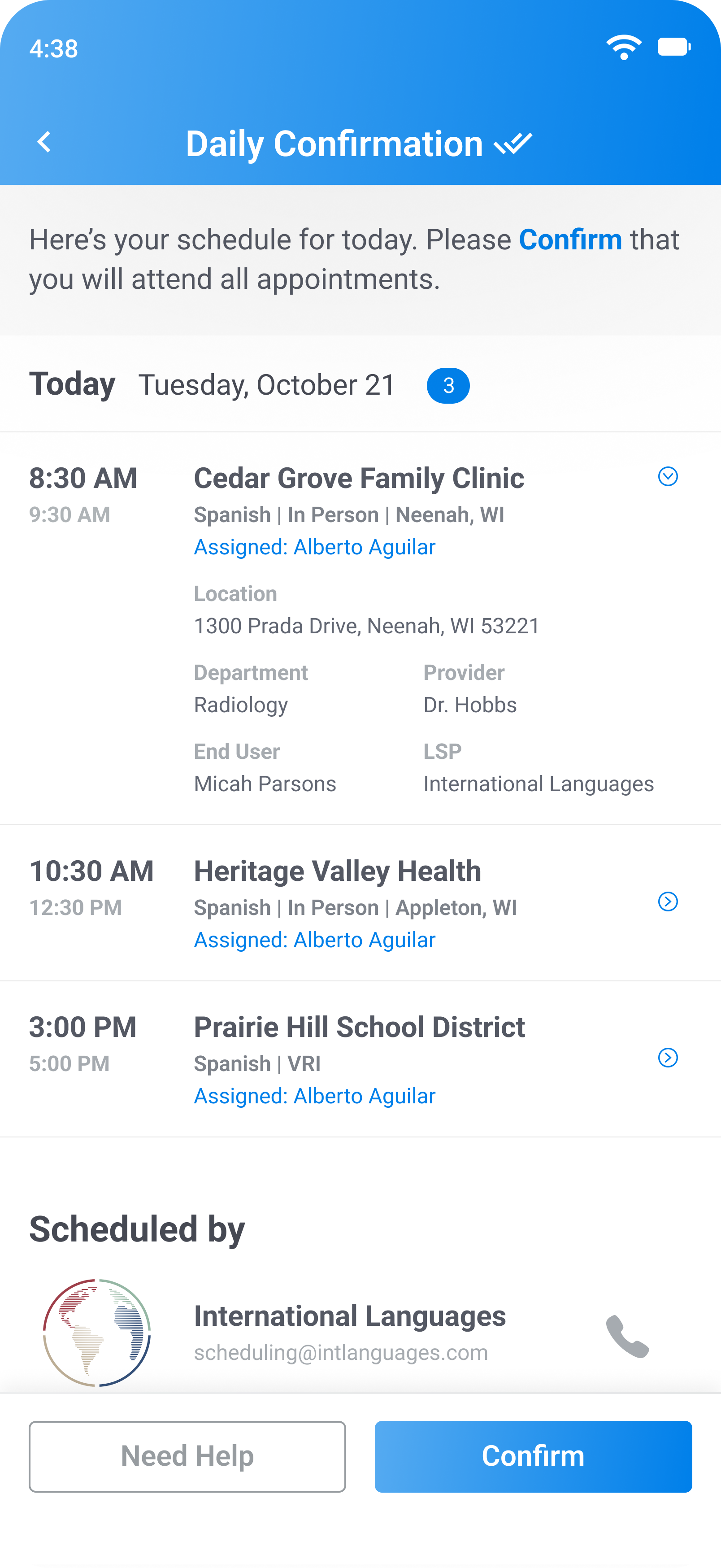Daily confirmation screen from the Fluent mobile app