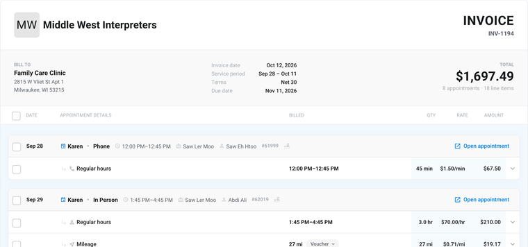 Invoice lines priced from rate cards