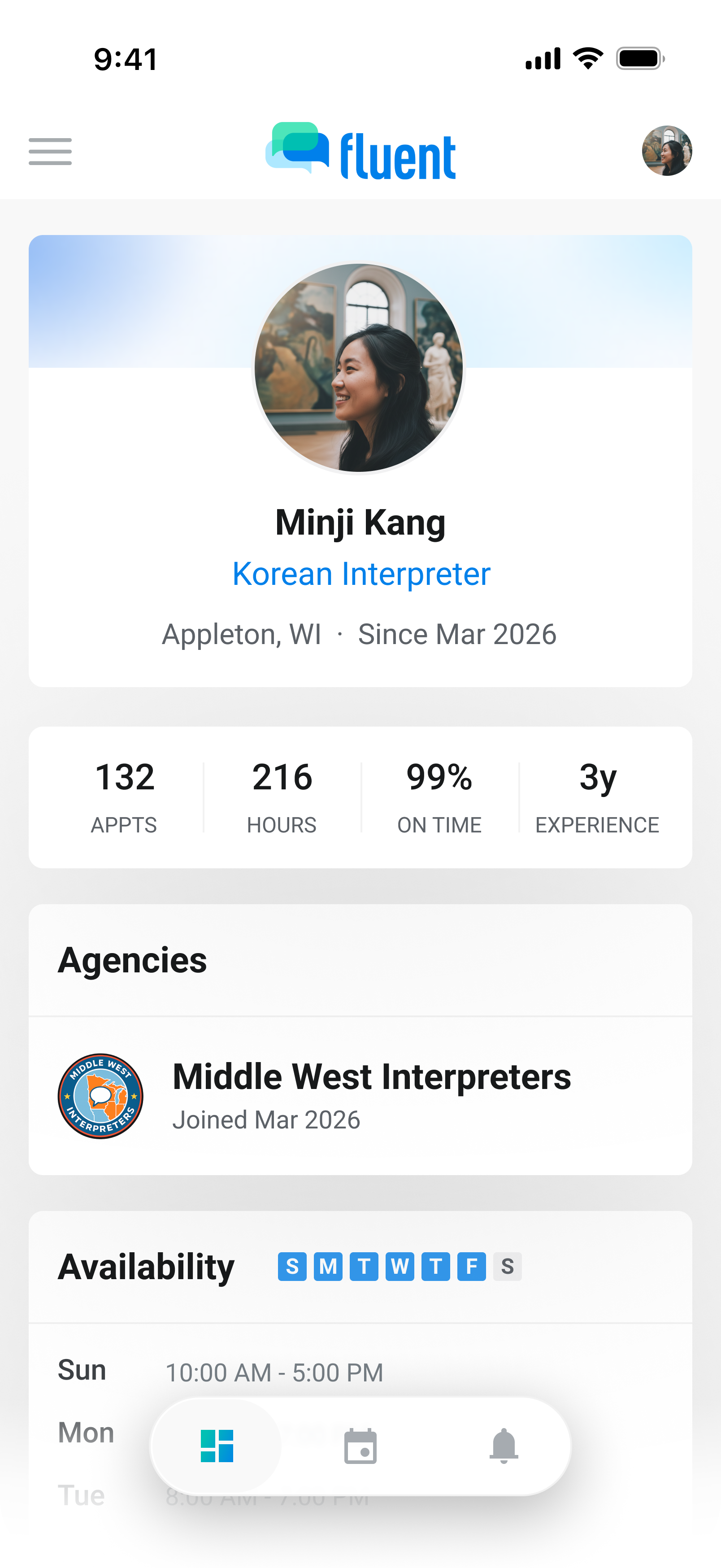 Interpreter profile details in the Fluent mobile app