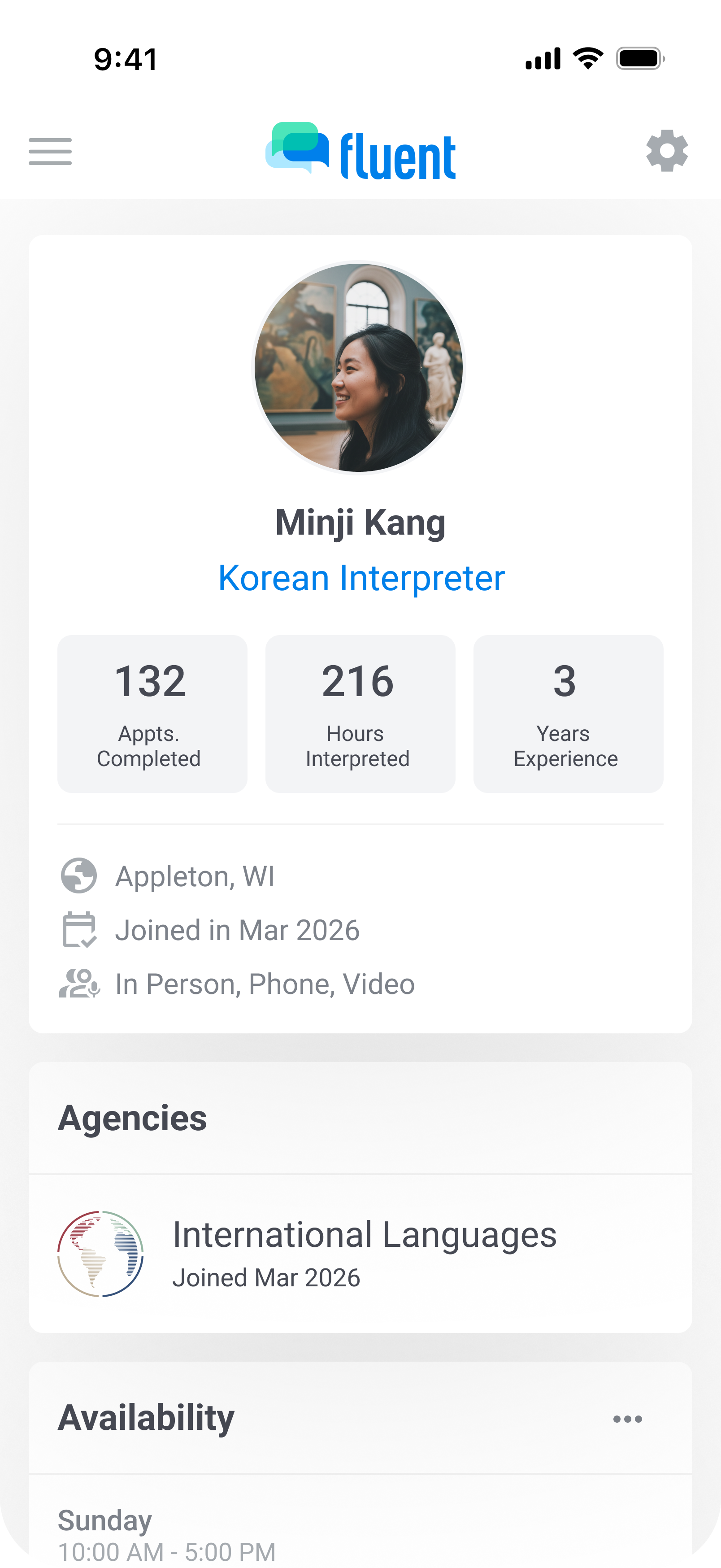 Interpreter profile on mobile showing languages, certifications, and contact details