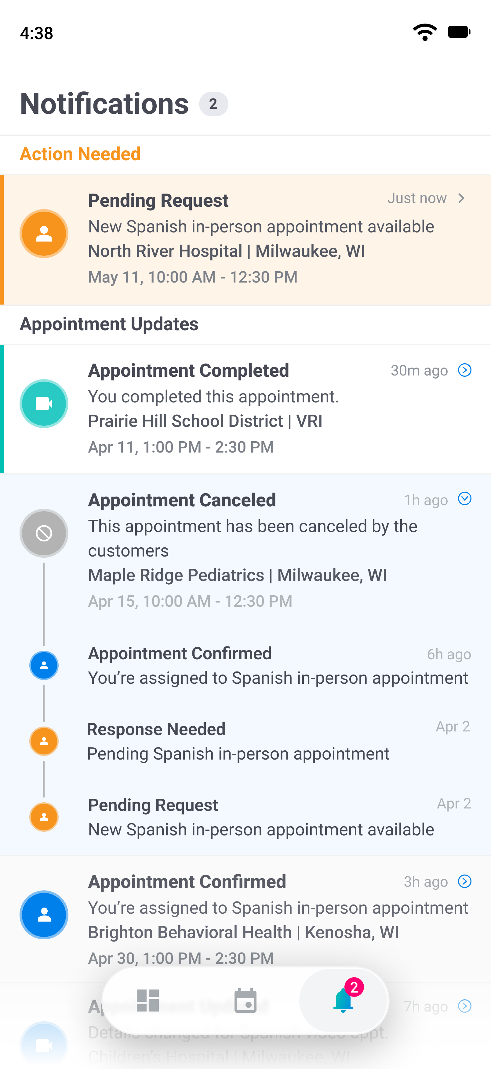 Notifications screen from the Fluent mobile app