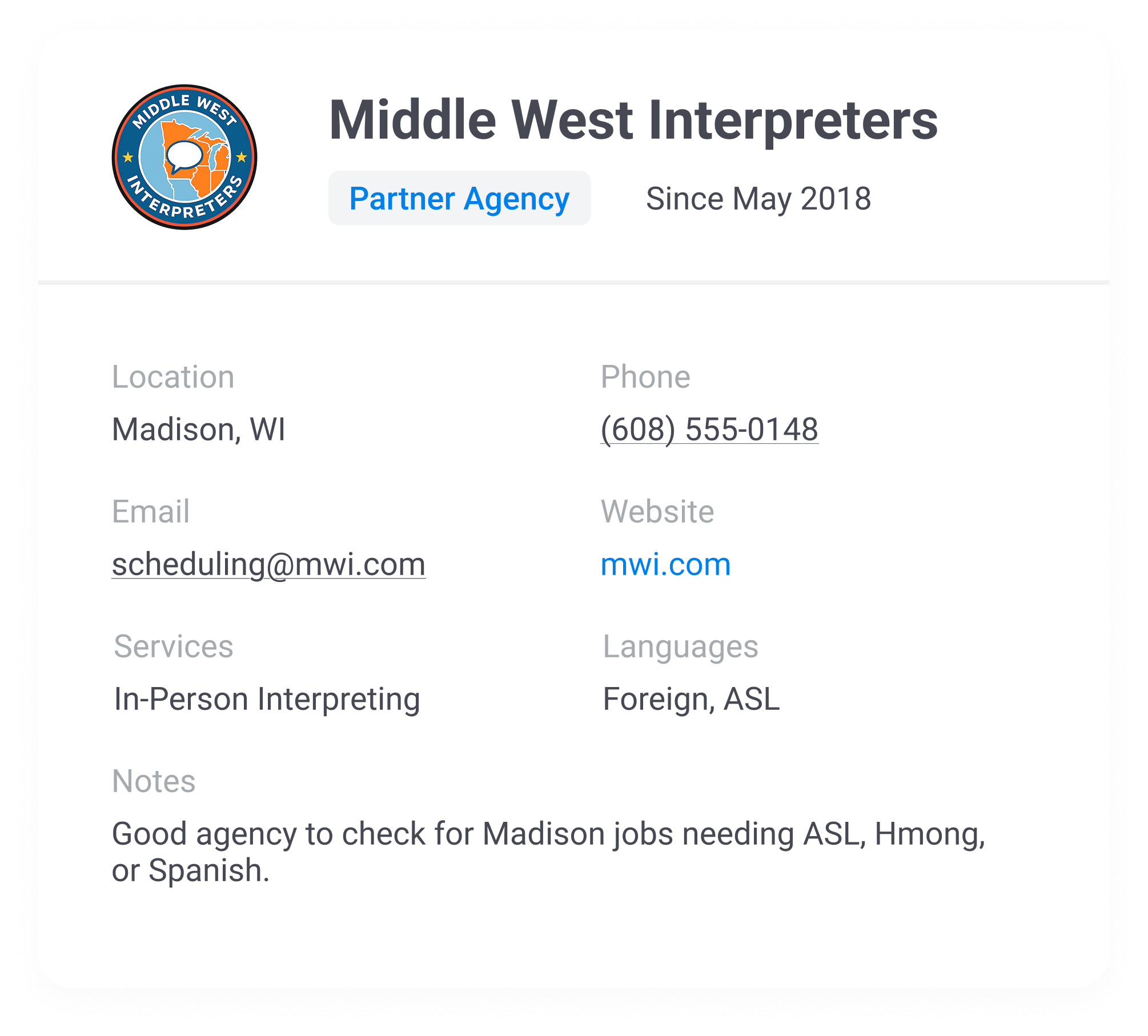Partner agencies list and agency profile with contact details and collaboration settings