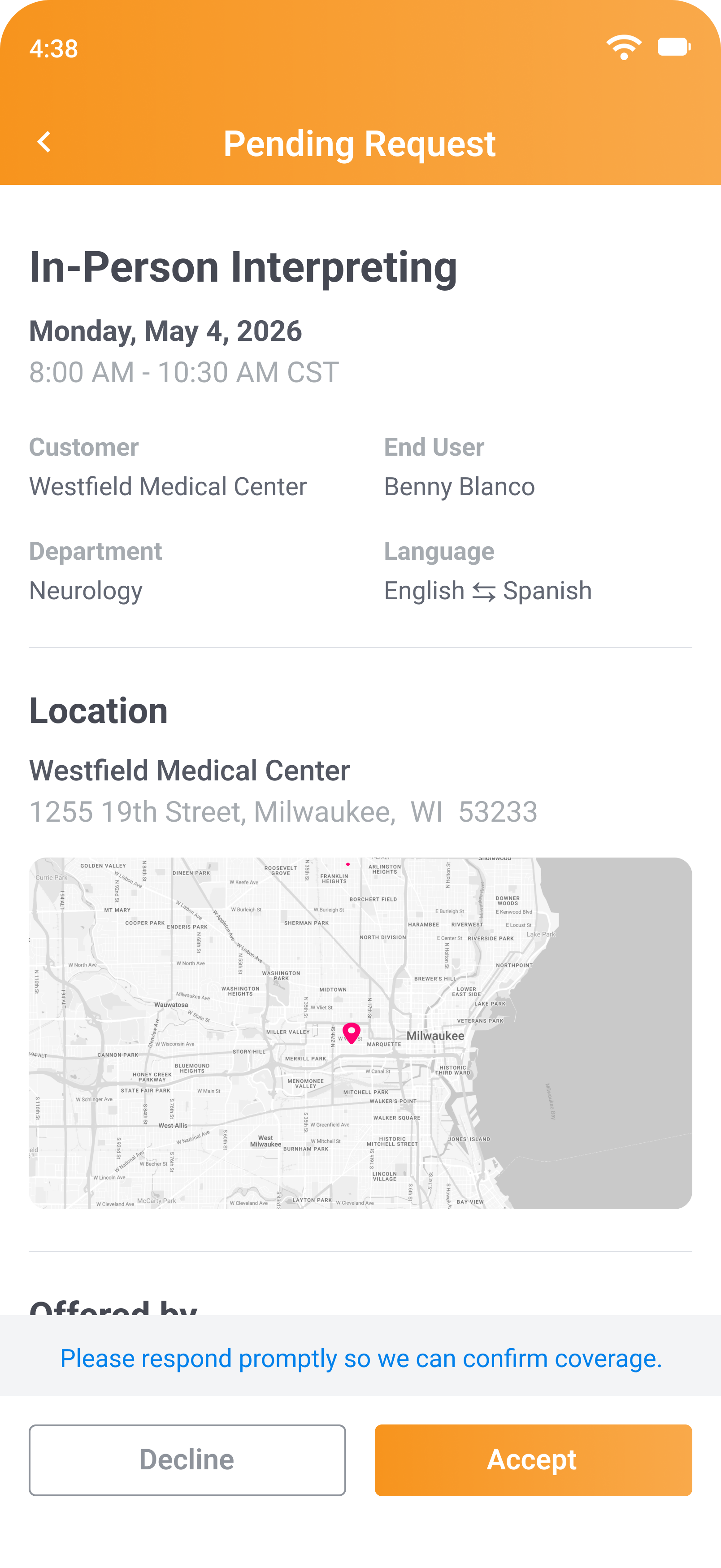 Pending appointment offer details in the Fluent mobile app