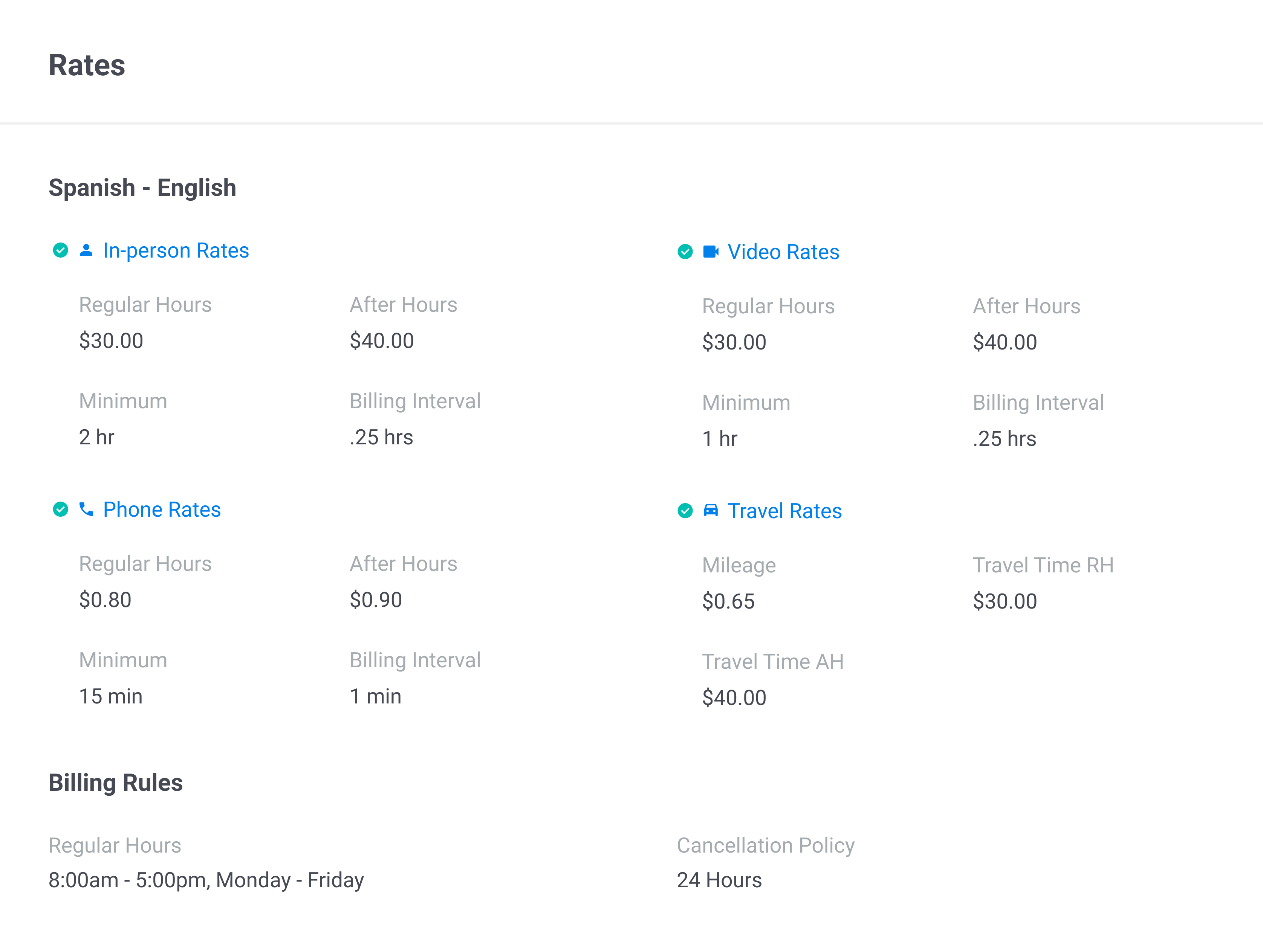 Interpreter rates and billing rules: service types, languages, regular and after-hours rates, and minimums
