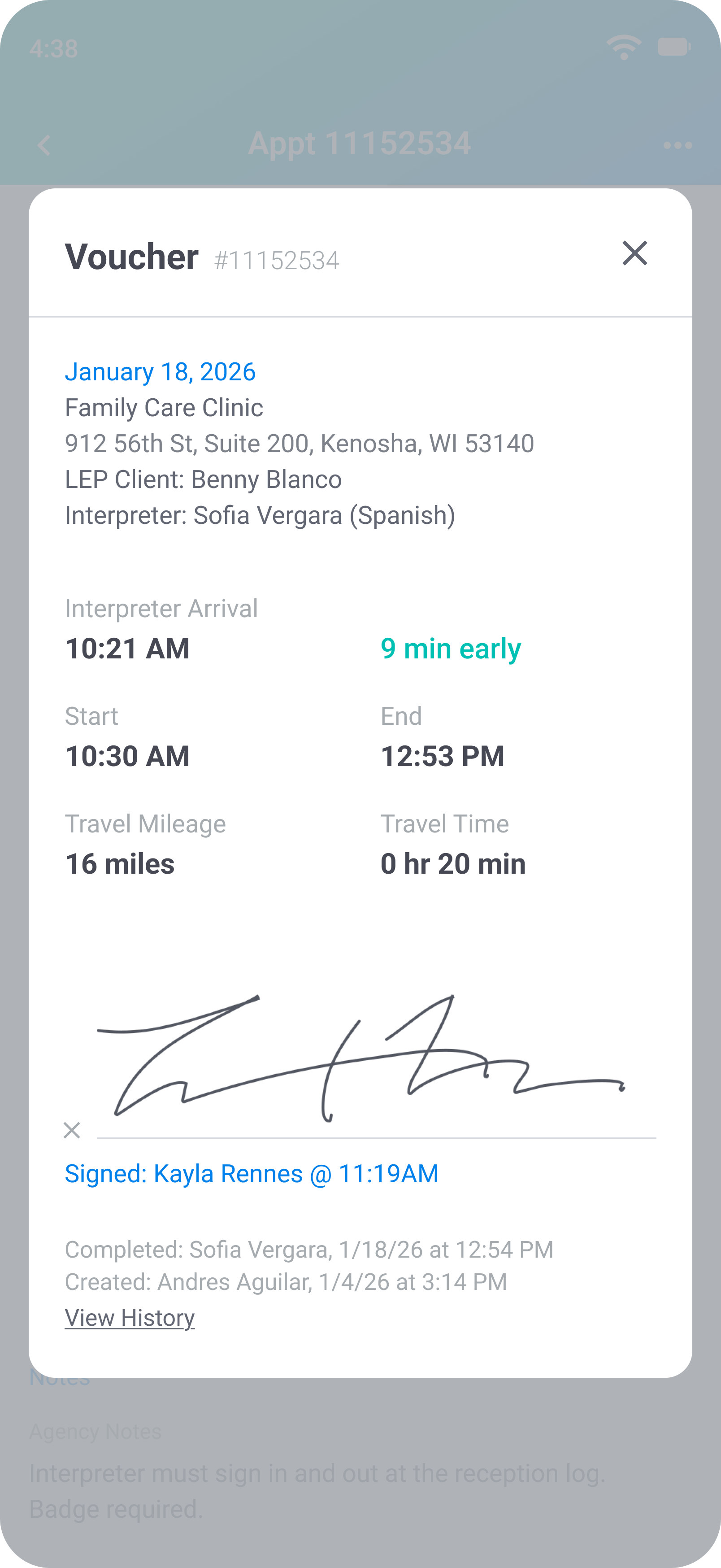 Voucher submission details from the Fluent mobile app