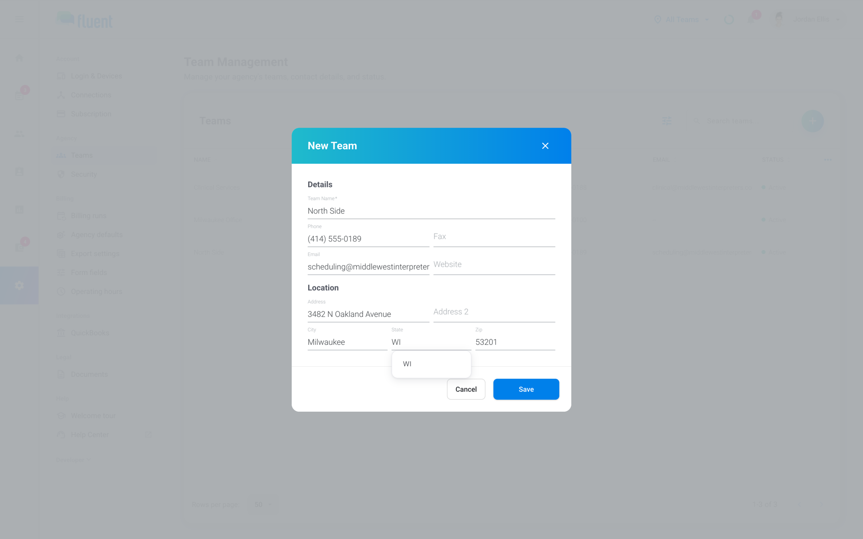 Settings › Teams with the New Team dialog open and Team Name filled in