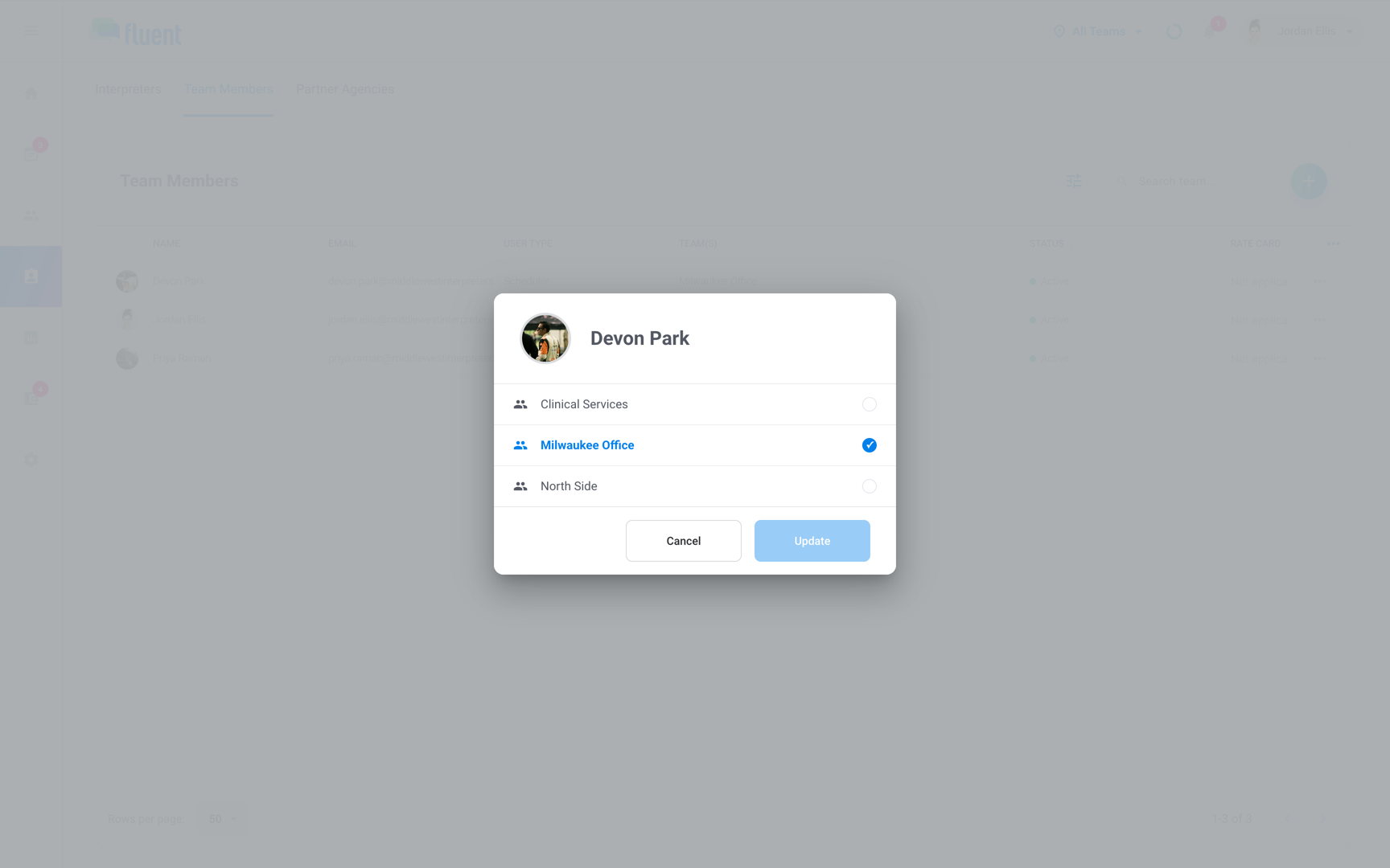 Team › Team Members with the Team Permissions dialog listing two teams, one selected