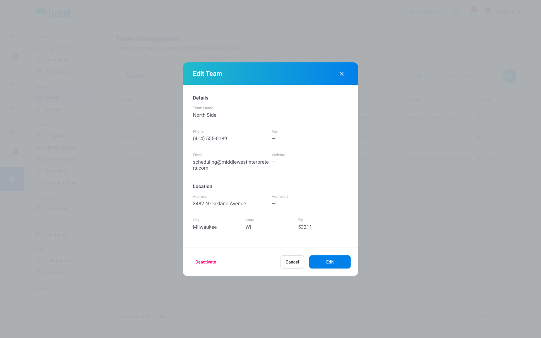 Settings › Teams with the Edit Team dialog open, showing Deactivate and Edit