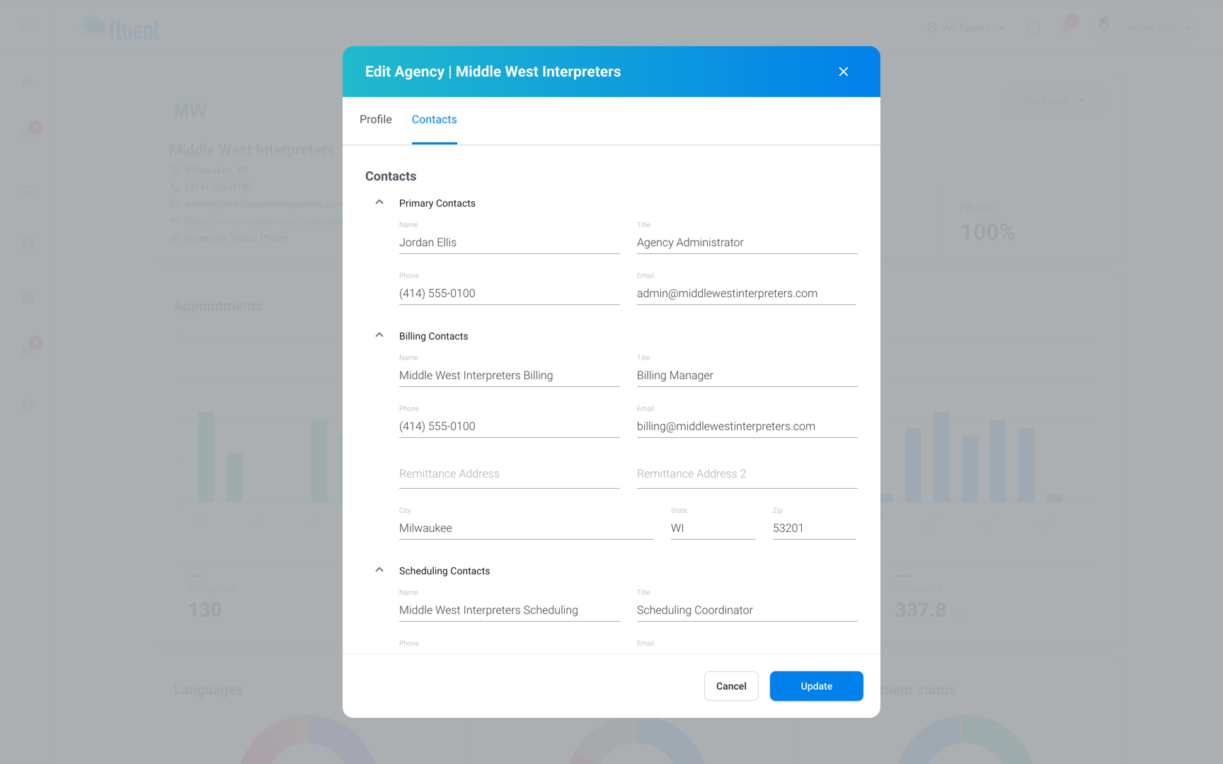 Edit Agency Contacts tab with the Remittance Address and the Scheduling Contacts phone filled in