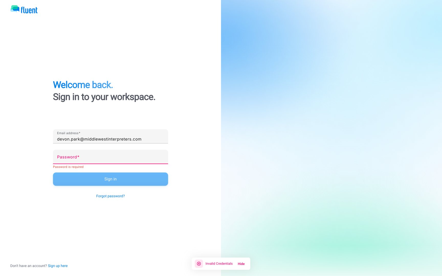 Sign-in page with the "Invalid Credentials" message after a wrong password