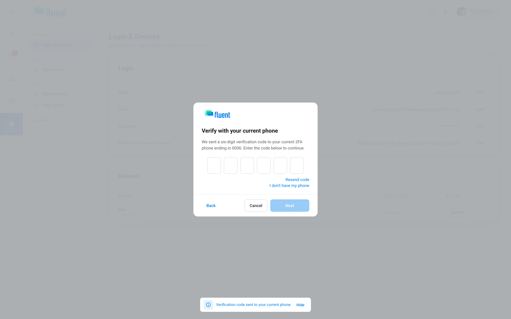 Settings › Login & Devices change phone dialog on Verify with your current phone, with I don't have my phone