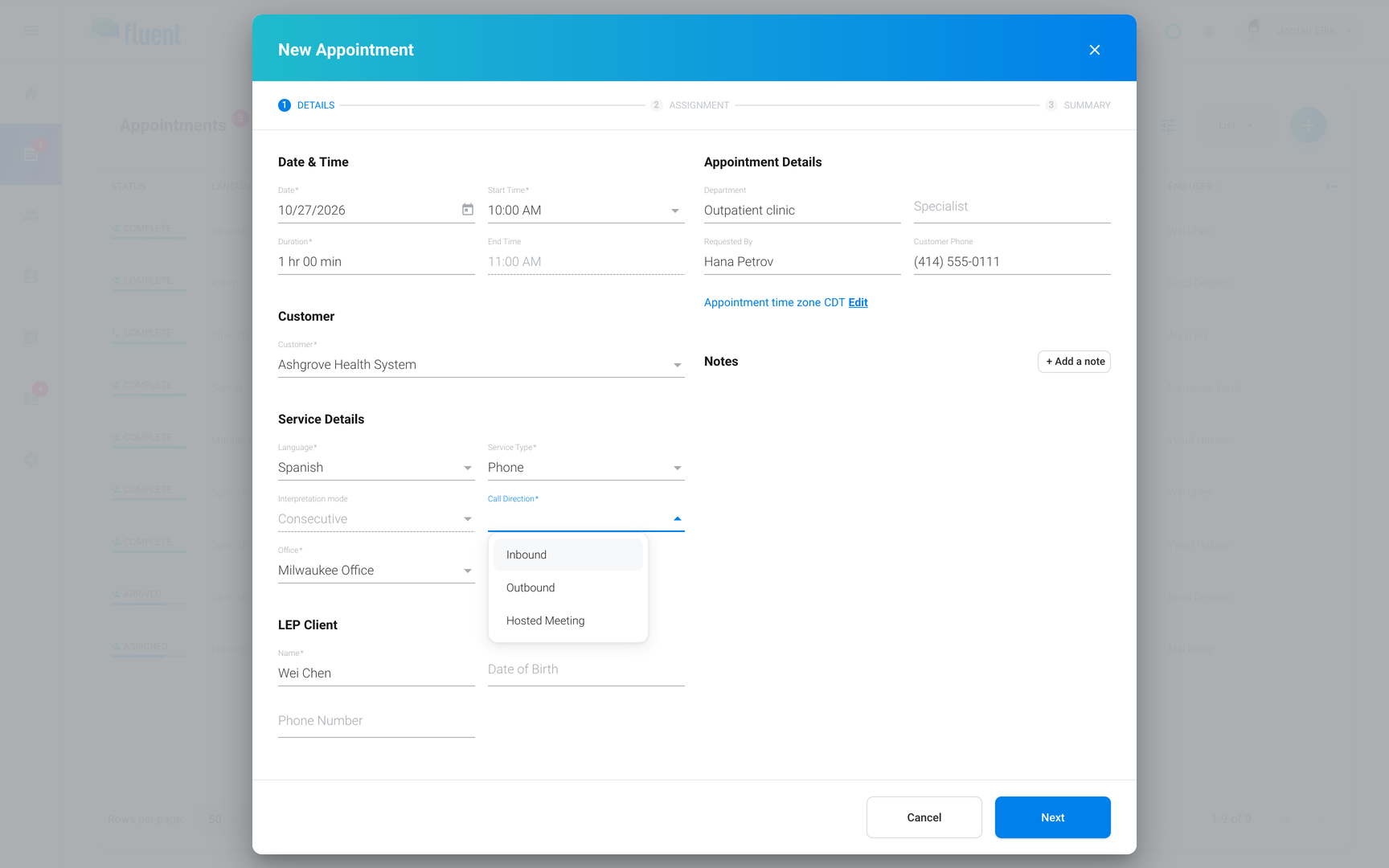 New Appointment window on Details with Service Type Phone and the Call Direction menu open on Inbound, Outbound, and Hosted Meeting