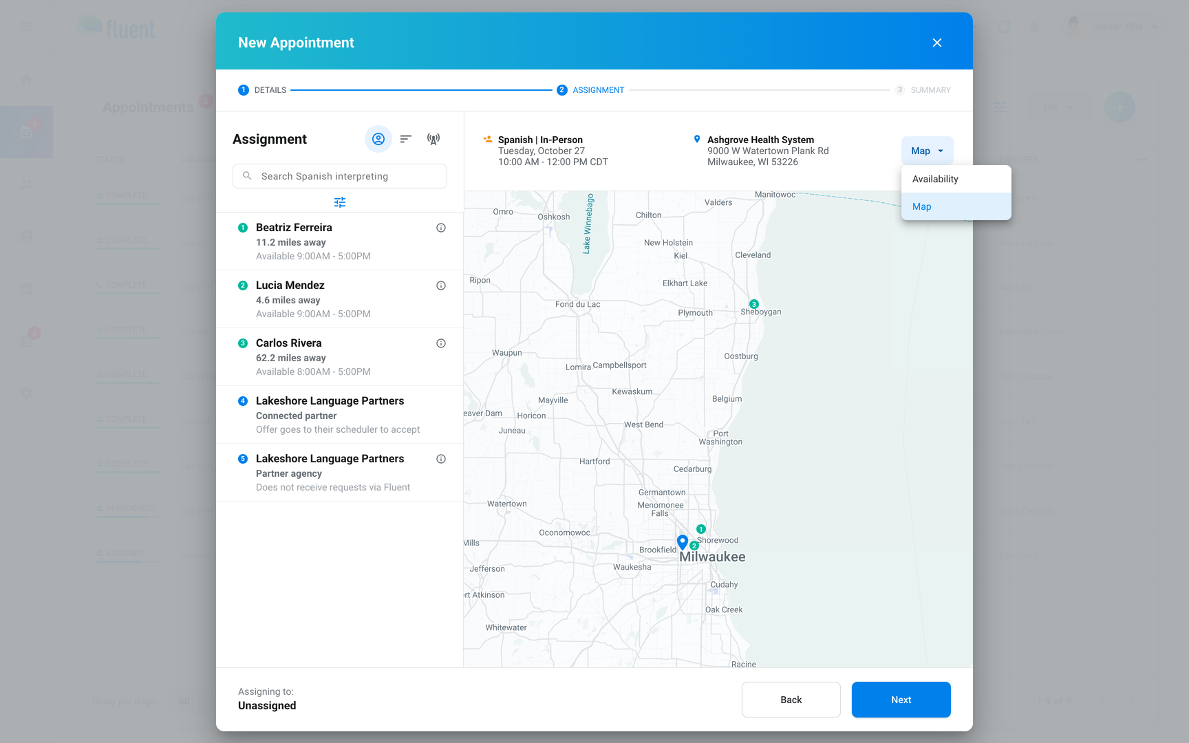 New Appointment window on Assignment in Map view, with Spanish interpreters ranked and their distances shown
