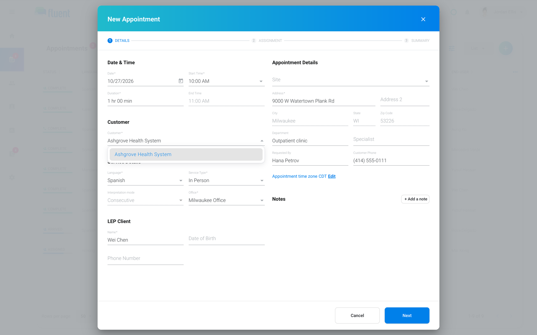 New Appointment window on Details with Service Type In-person, Interpretation mode Consecutive, and the address filled