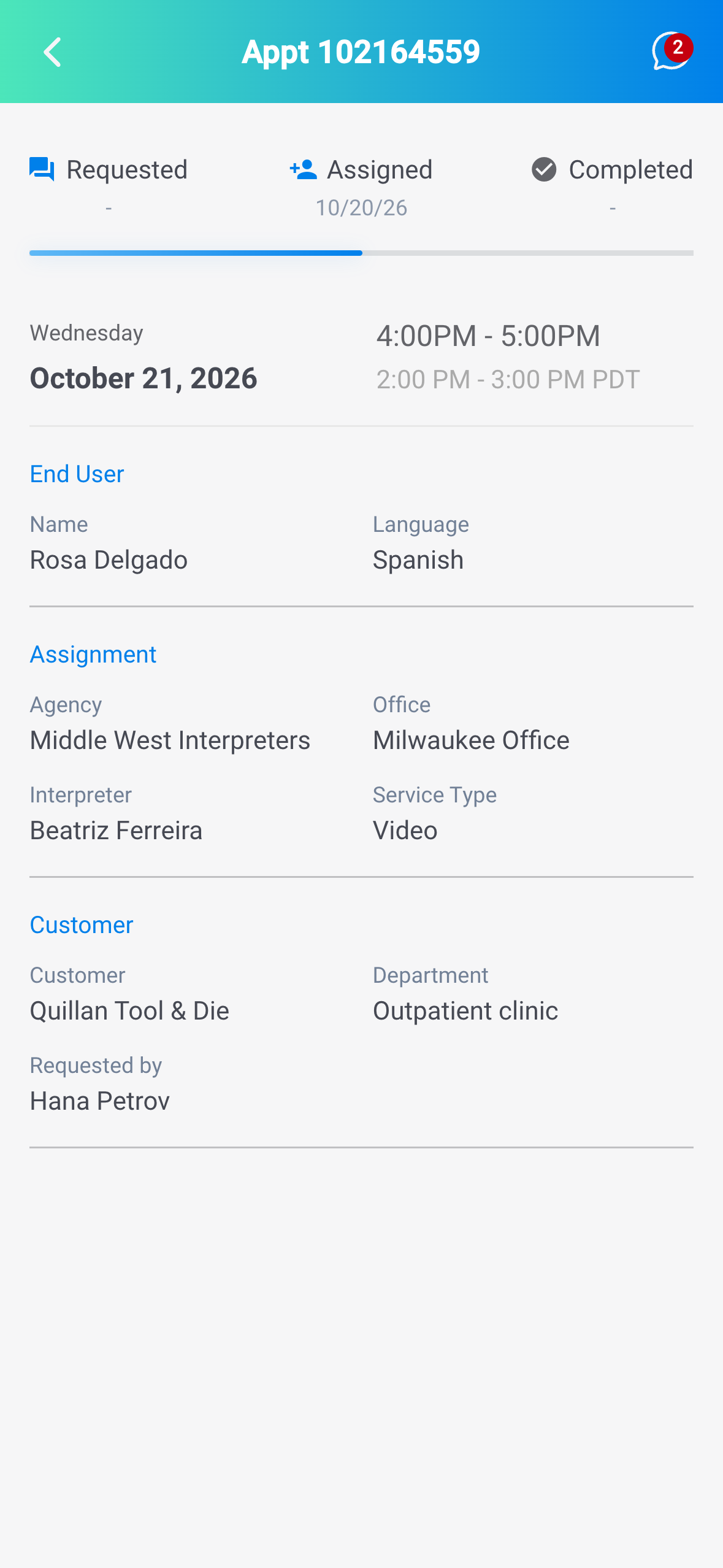 Mobile appointment details with the time in your phone's time zone and a second line in Pacific time