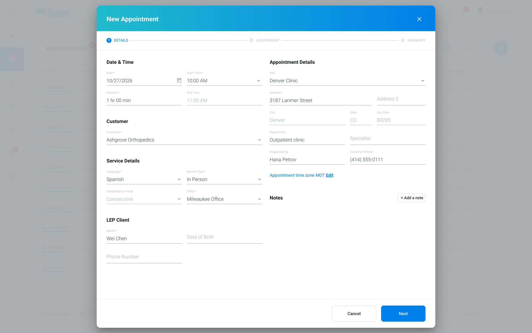 New Appointment dialog on Details with a Denver address and Appointment time zone showing MDT