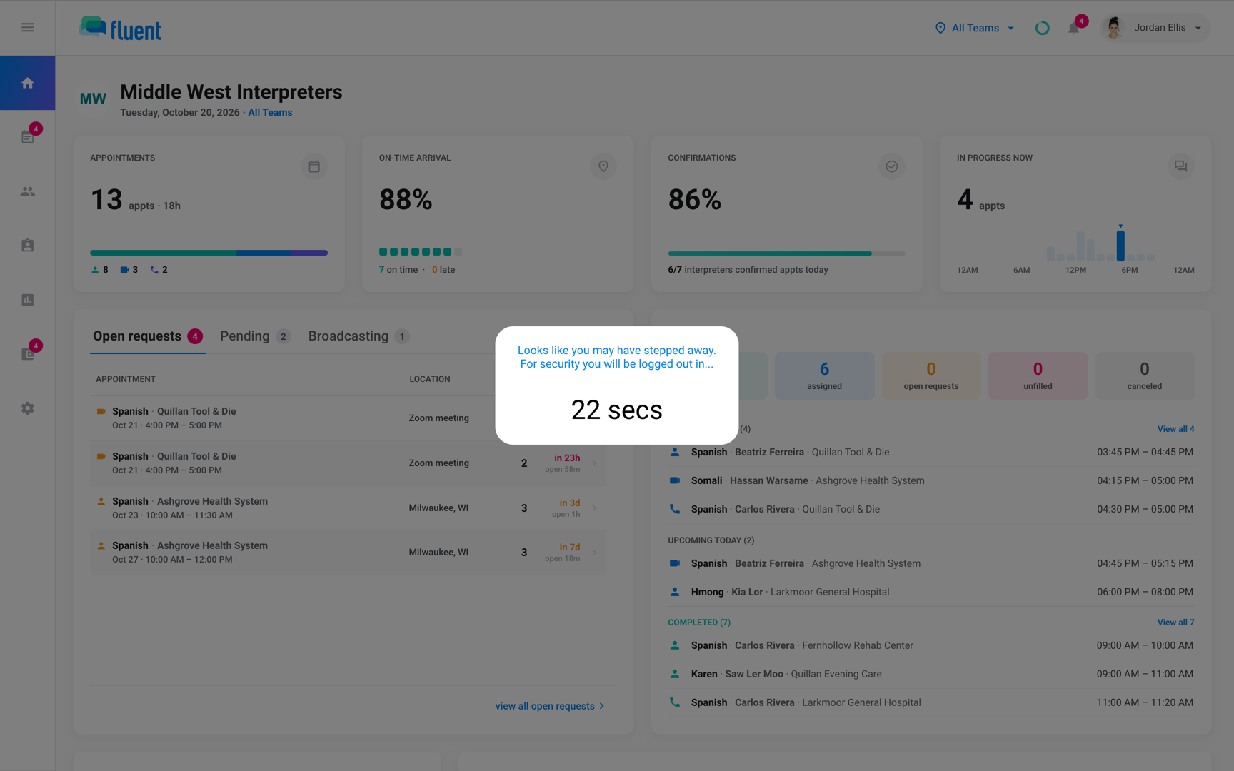 Web app sign-out countdown over the Dashboard, saying you may have stepped away
