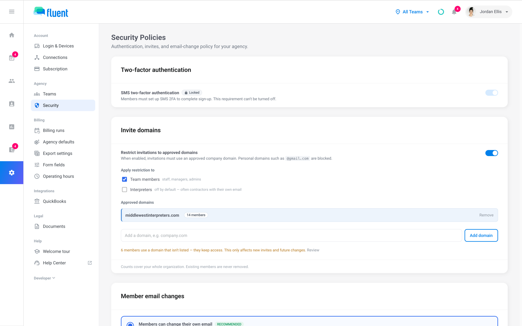 Settings › Security, the Security Policies page with the locked two-factor card, Invite domains, and Member email changes