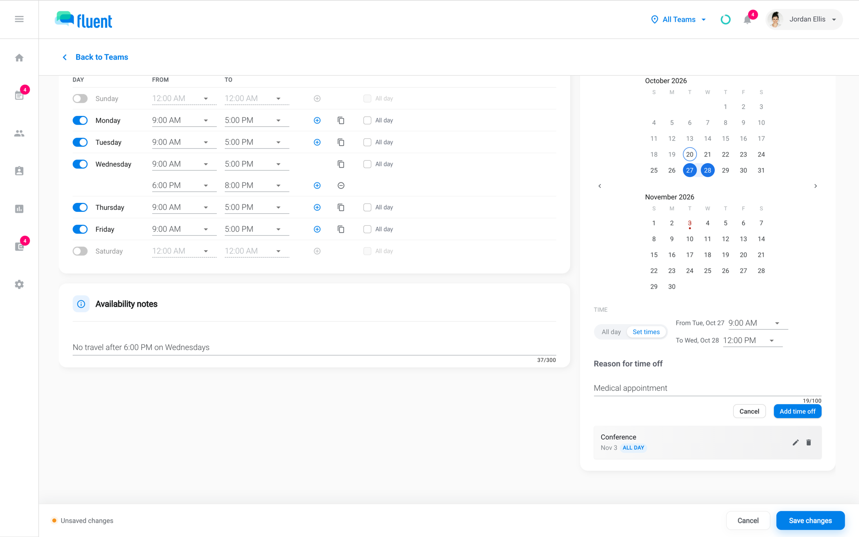 Edit Profile Availability tab with the Add time off editor open, a 2-day range, and Set times from 9:00 AM to 12:00 PM