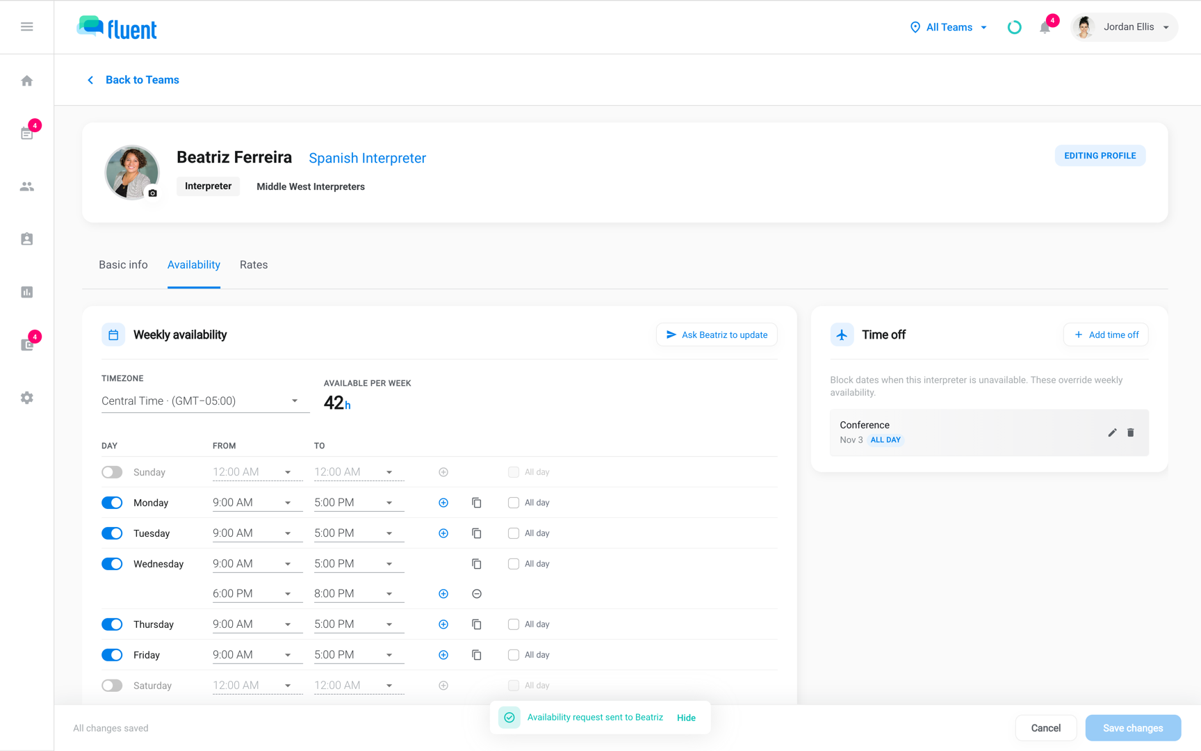Profile Availability tab after Ask Beatriz to update, showing "Availability request sent to Beatriz"
