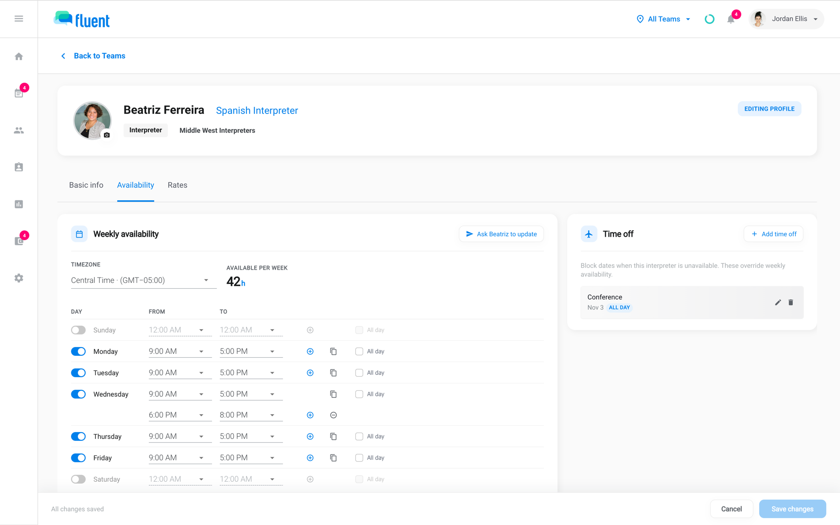 Edit Profile Availability tab with weekly hours, Available per week, Ask Beatriz to update, and one time off entry