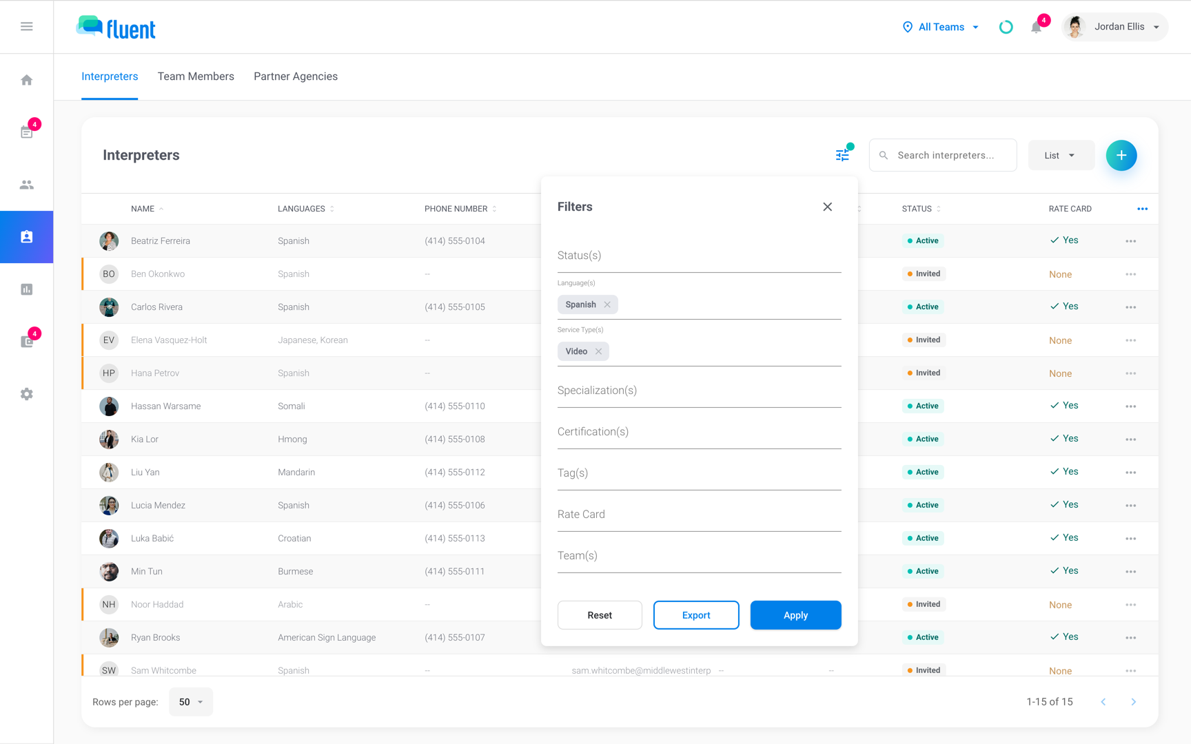 Team › Interpreters with the Filters panel open and Spanish and Video selected