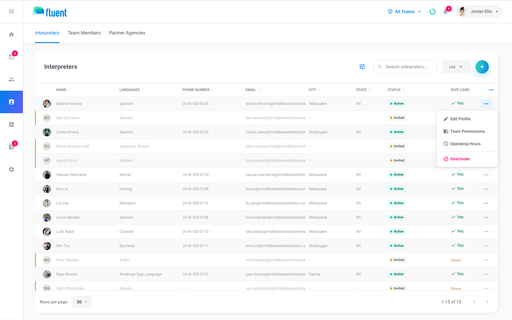 Team › Interpreters with an interpreter's row menu open, showing Edit Profile, Team Permissions, and Operating Hours