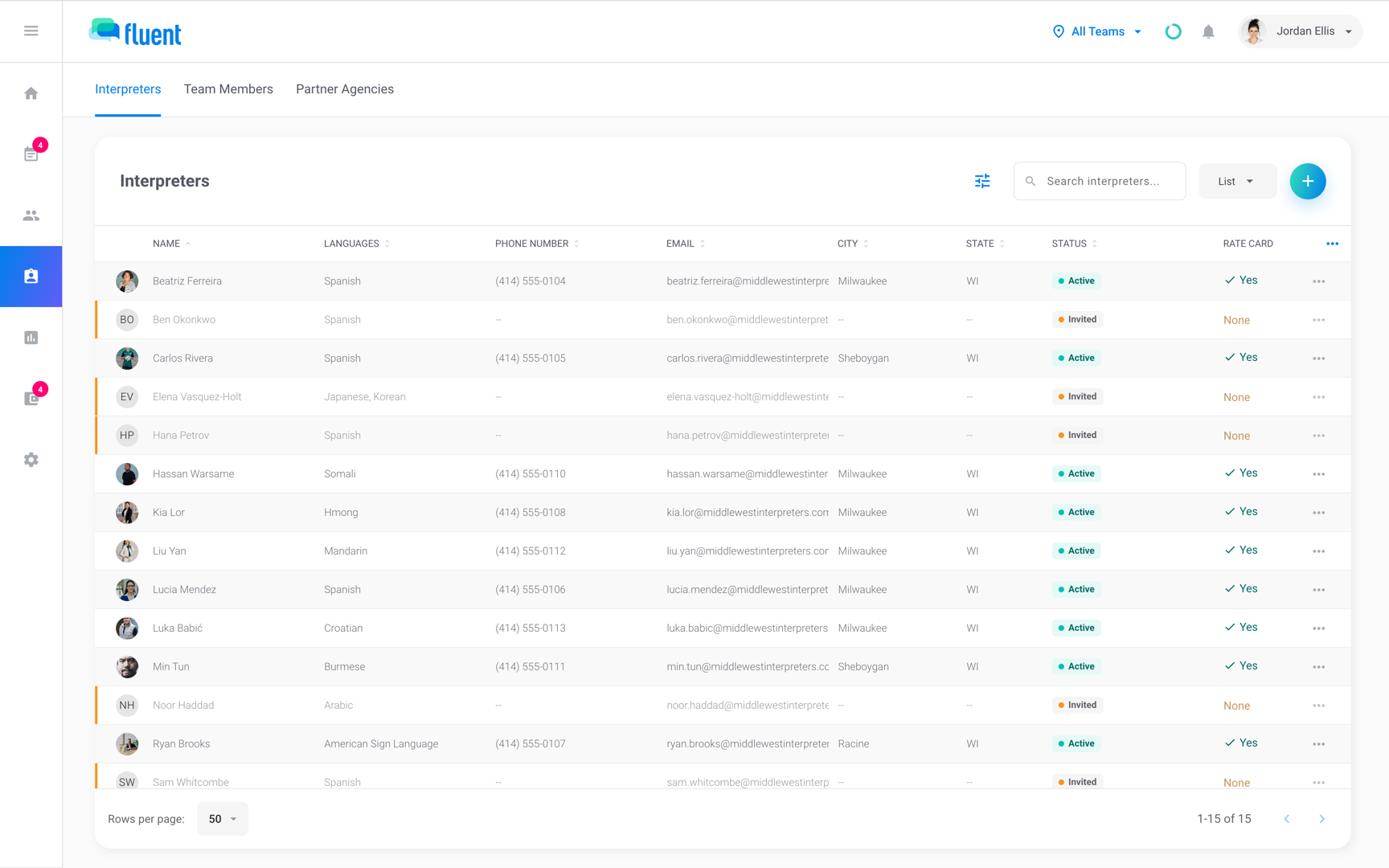 Team › Interpreters with Active and Invited interpreters and the search, filters, and view controls