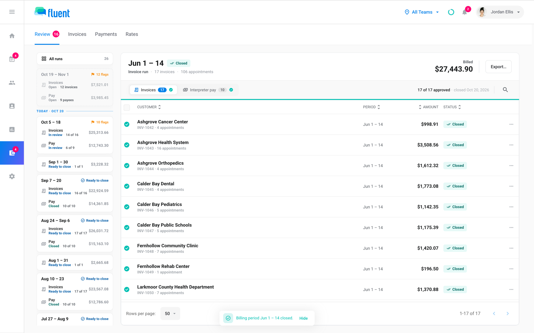 Closed invoice run header with the Billed total, Export…, Sync N to QuickBooks and the "0 of N in QuickBooks" meter