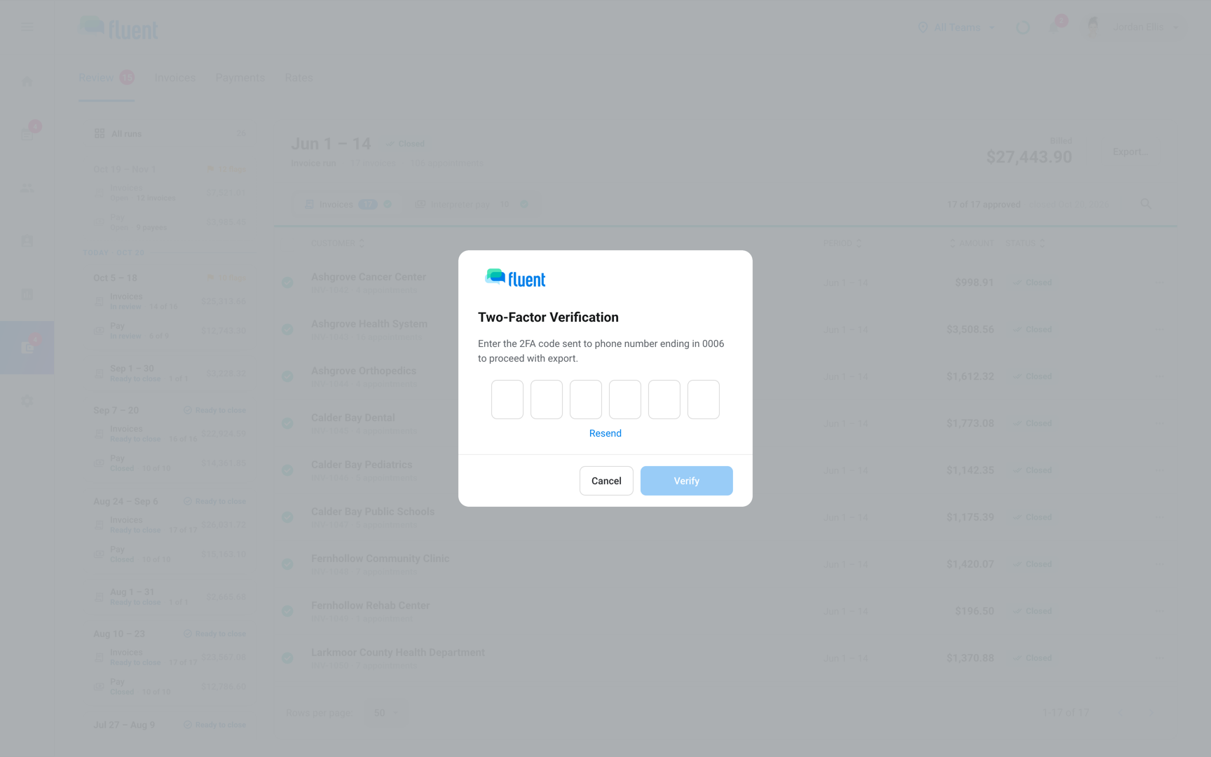 Two-Factor Verification dialog asking for the 6-digit code before an export, with Resend and Verify