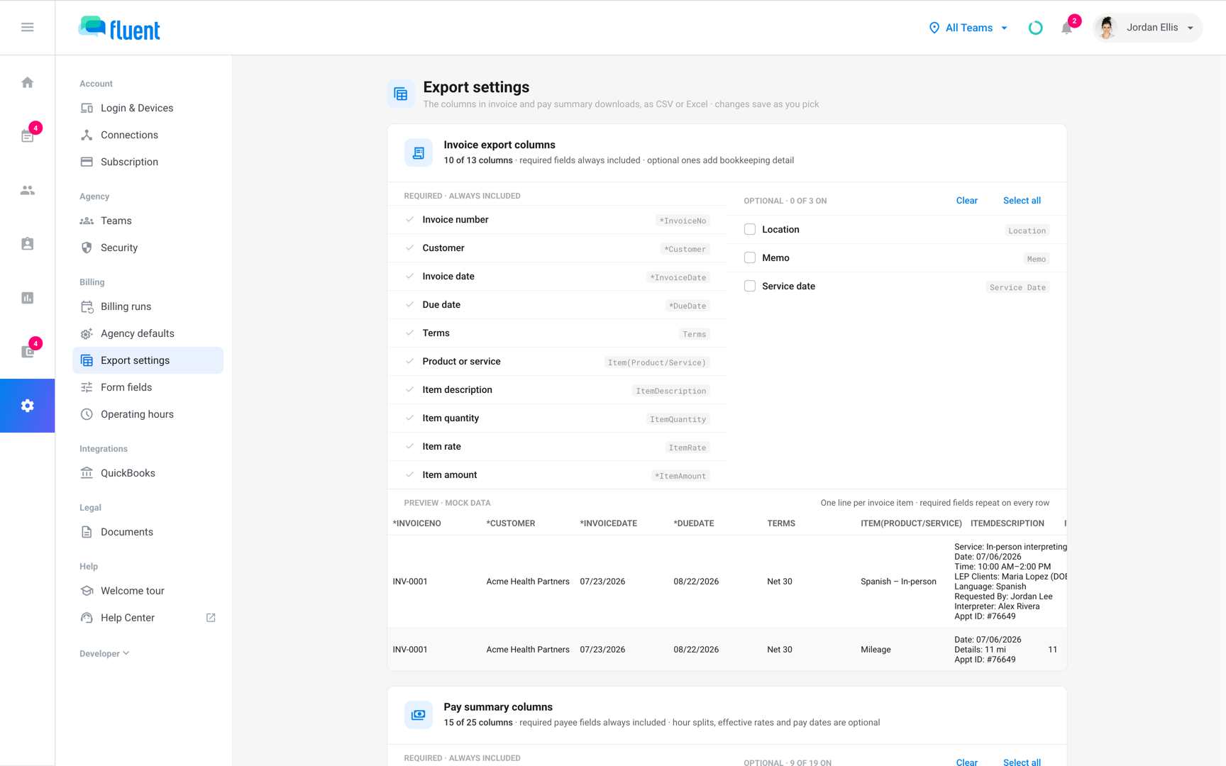Settings › Export settings with the Invoice export columns card, its Optional list, and the preview table