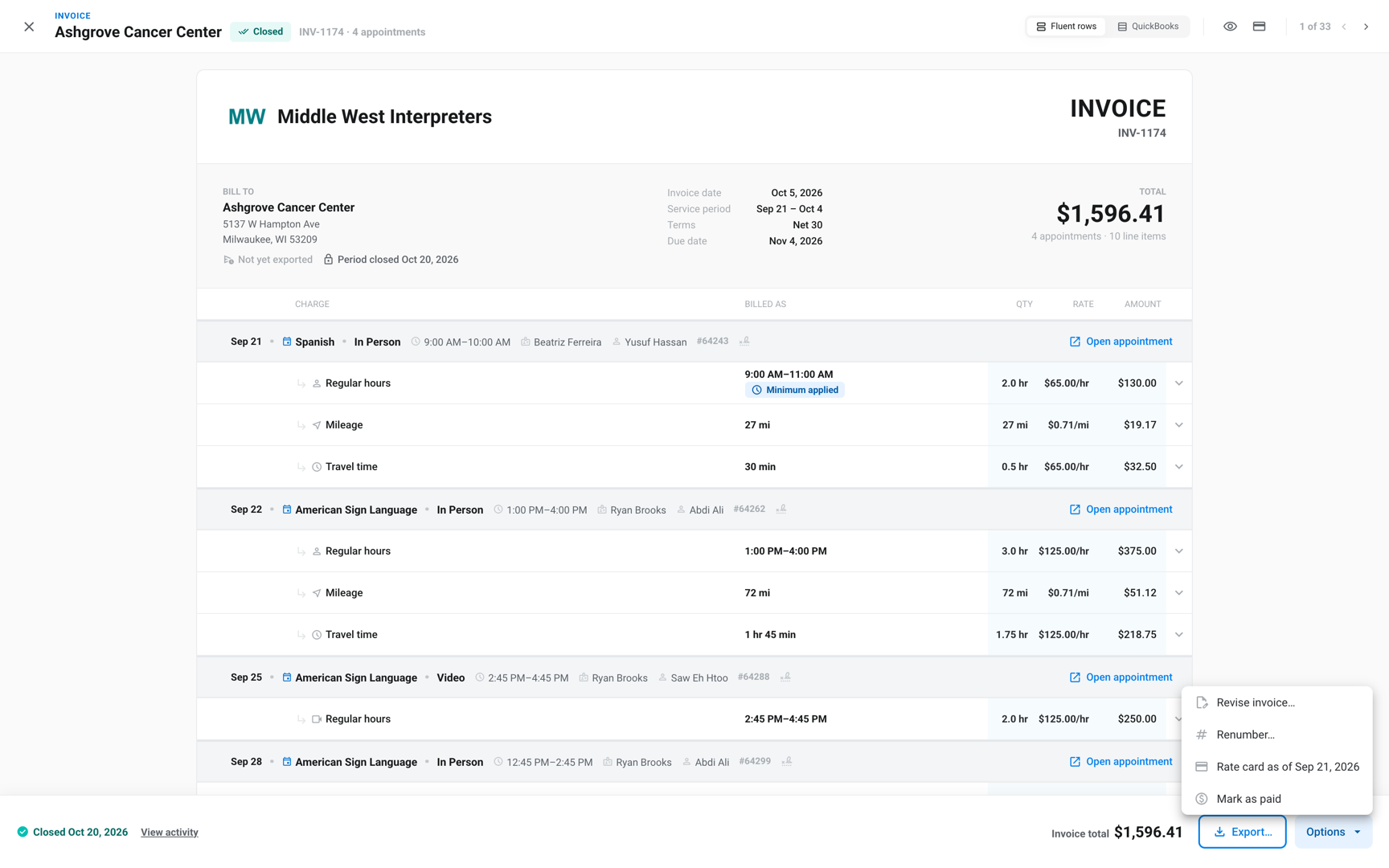 Invoice review of a closed invoice with the Options menu open on Mark as paid