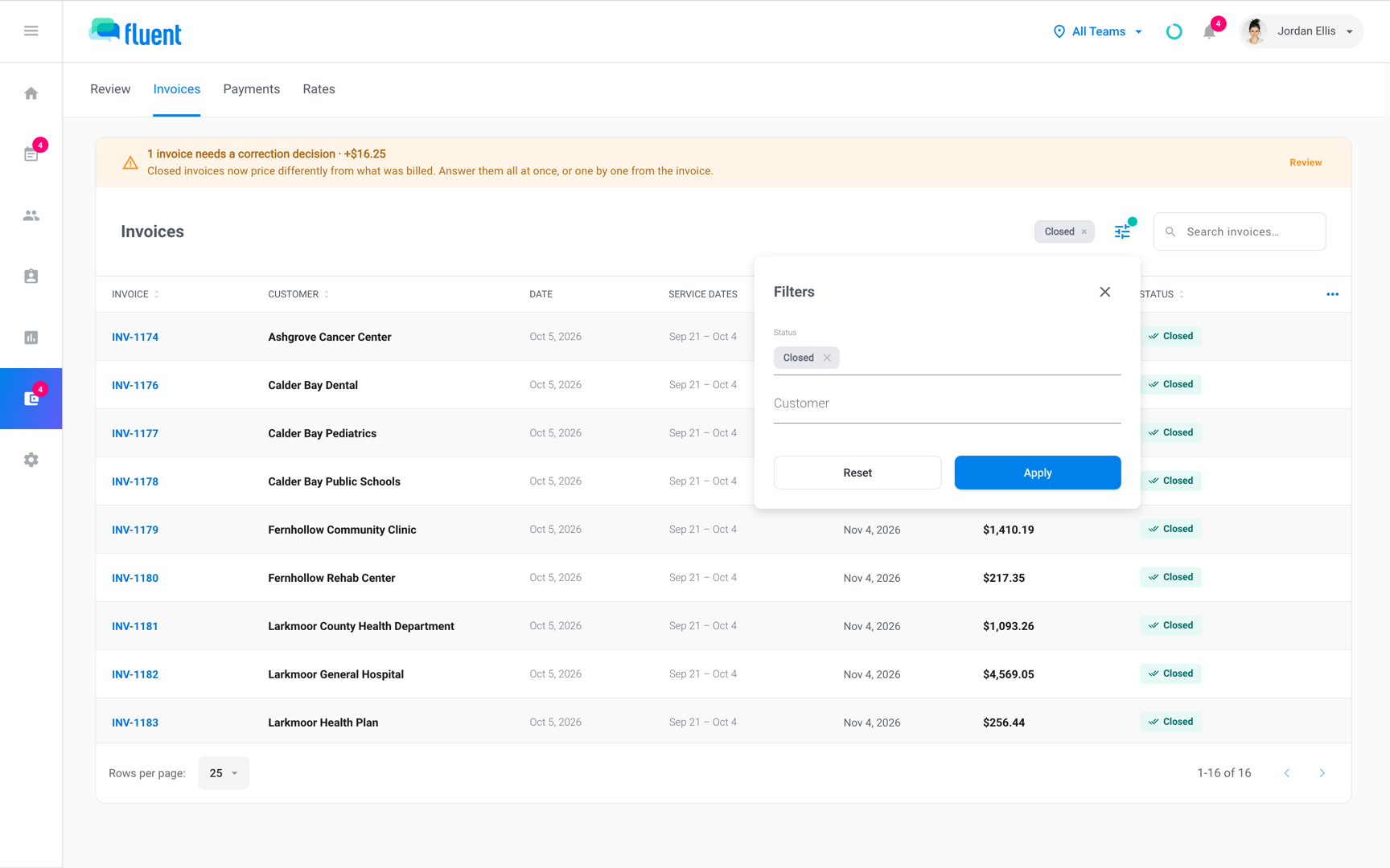 Billing › Invoices with the Status filter set to Closed and the list sorted by Due