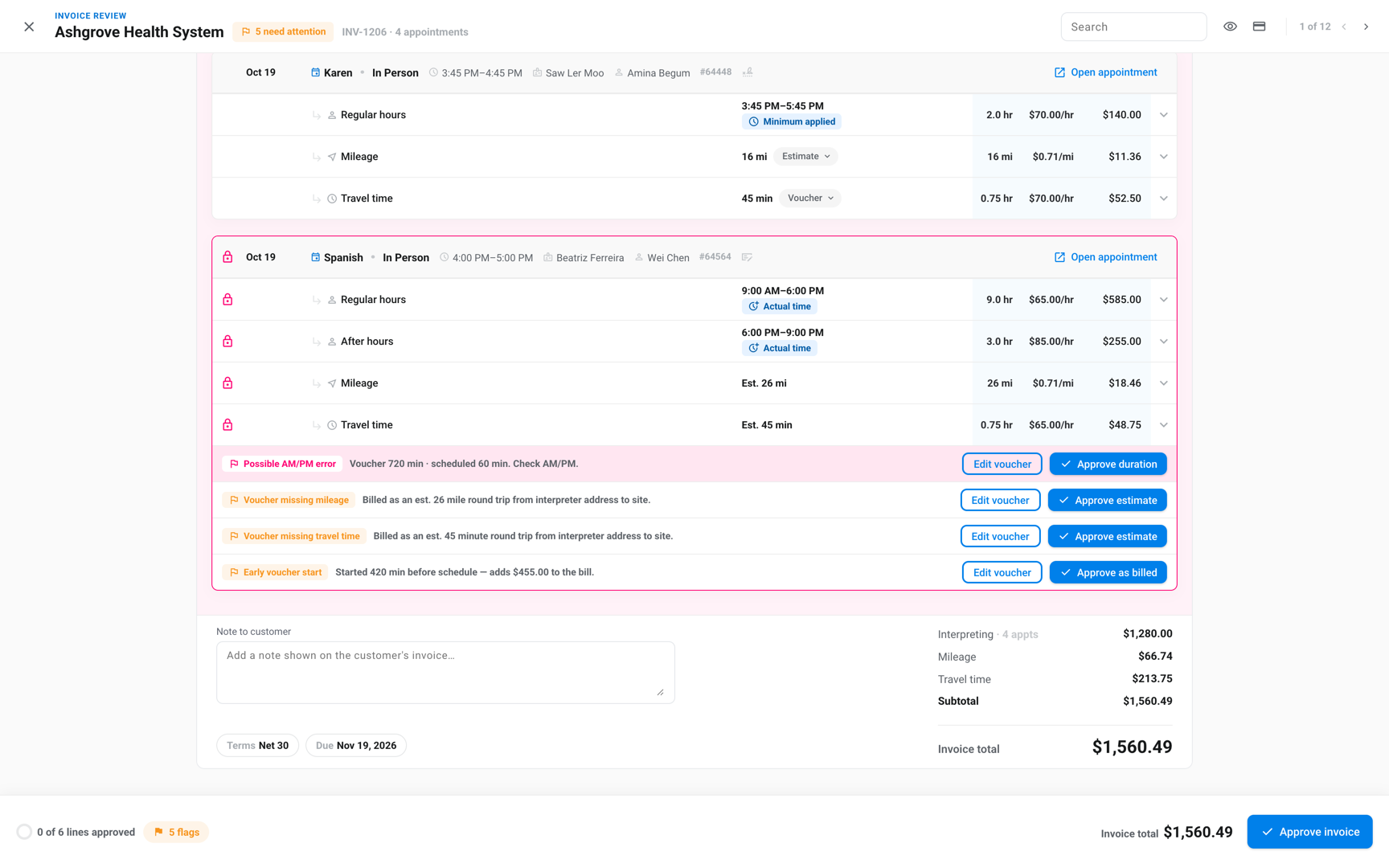 Invoice review with a red Possible AM/PM error flag reading Check AM/PM, and the Edit voucher and Approve duration buttons