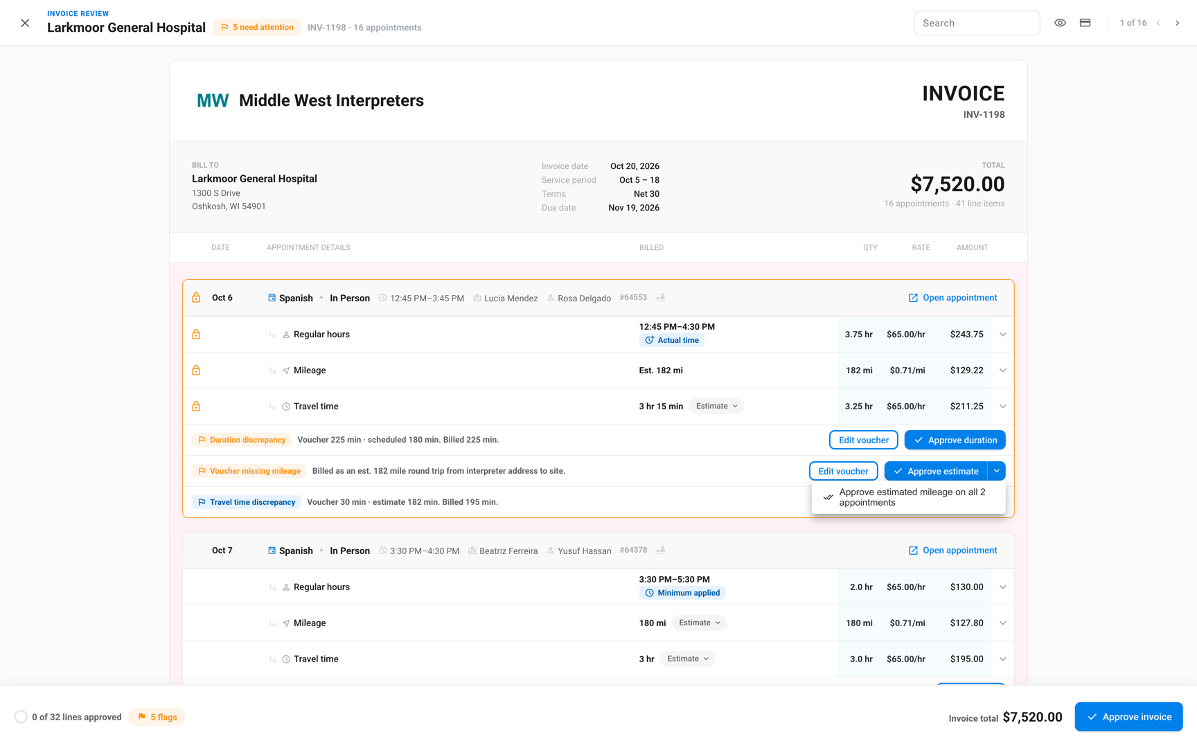 Invoice review with a Voucher missing mileage flag and the Approve estimate menu offering to approve all appointments