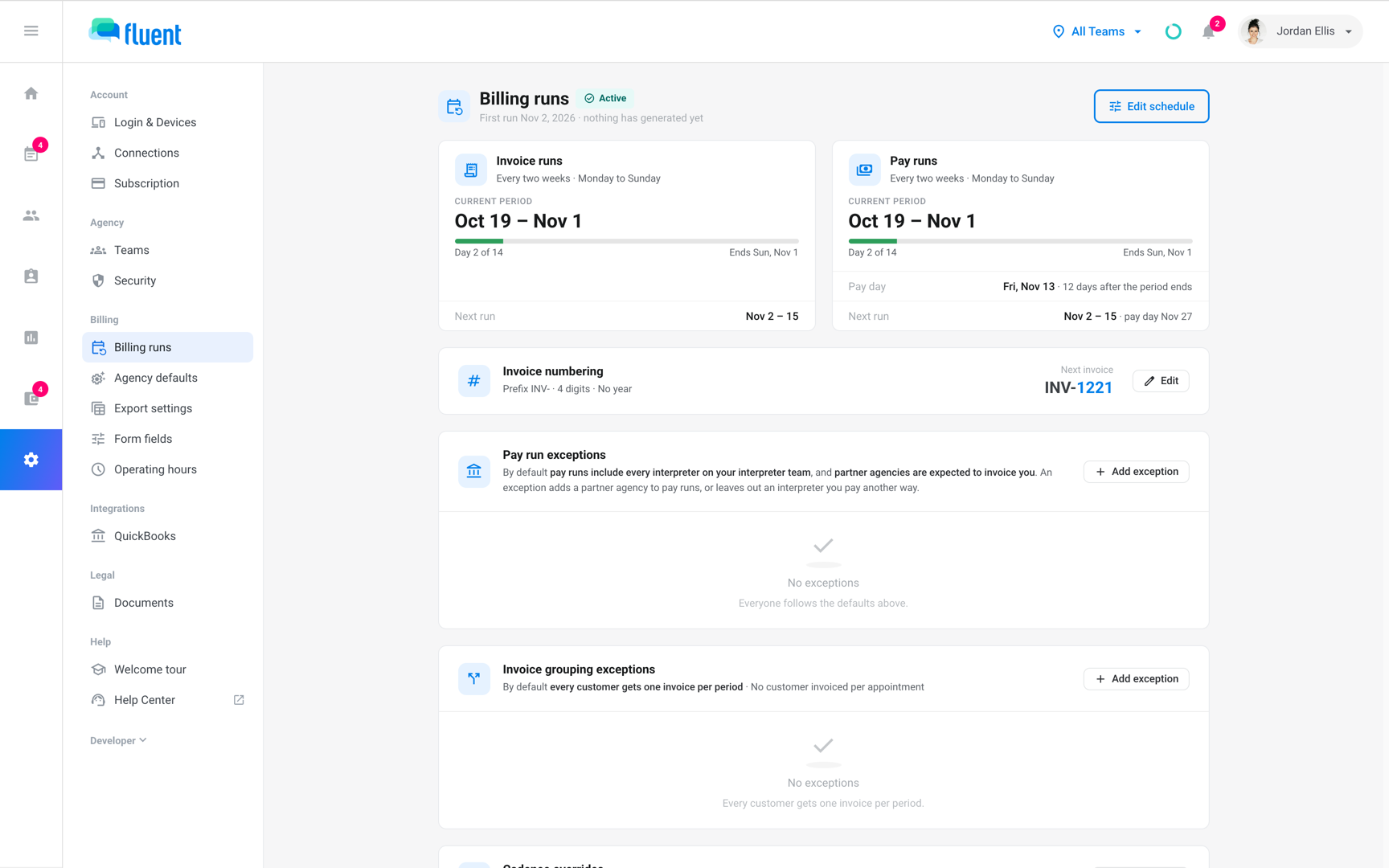 Settings › Billing runs with the Settings sidebar showing Operating hours, Agency defaults, Billing runs, and QuickBooks