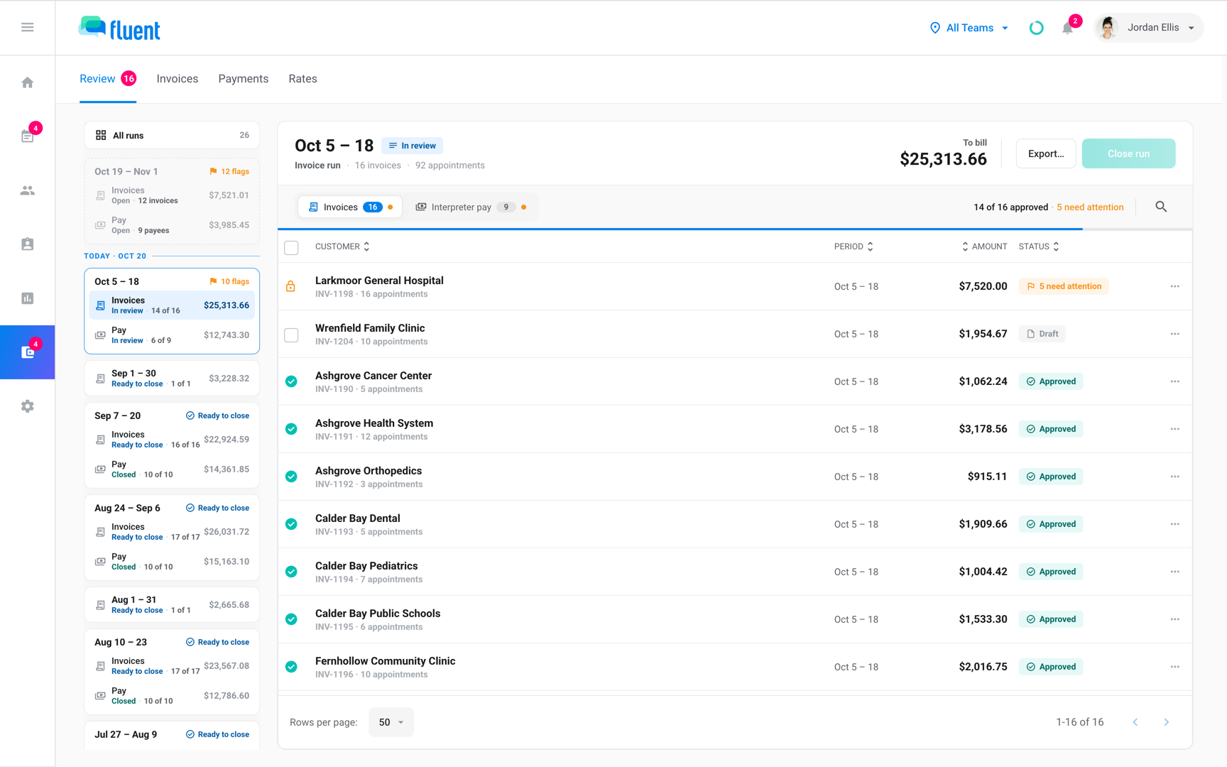 Billing › Review rail with the All runs tile and a period card holding an Invoices row and a Pay row