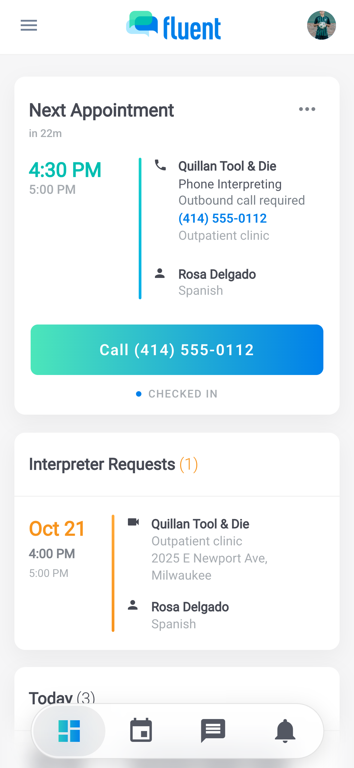 Dashboard Next Appointment card for an outbound Phone appointment after Check In, with Call {number} and CHECKED IN