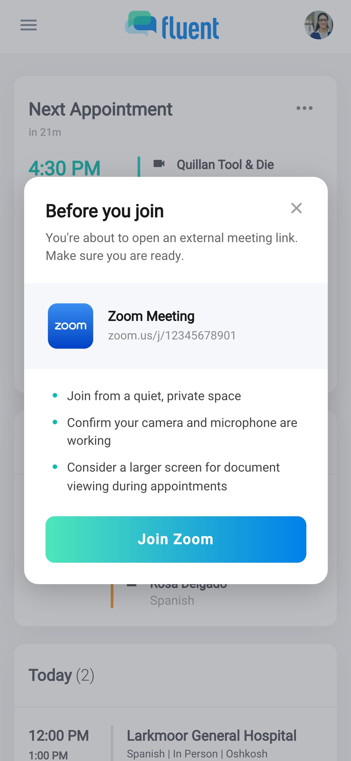 Before you join dialog on the Dashboard with the Zoom meeting tile, the checklist, and the Join Zoom button