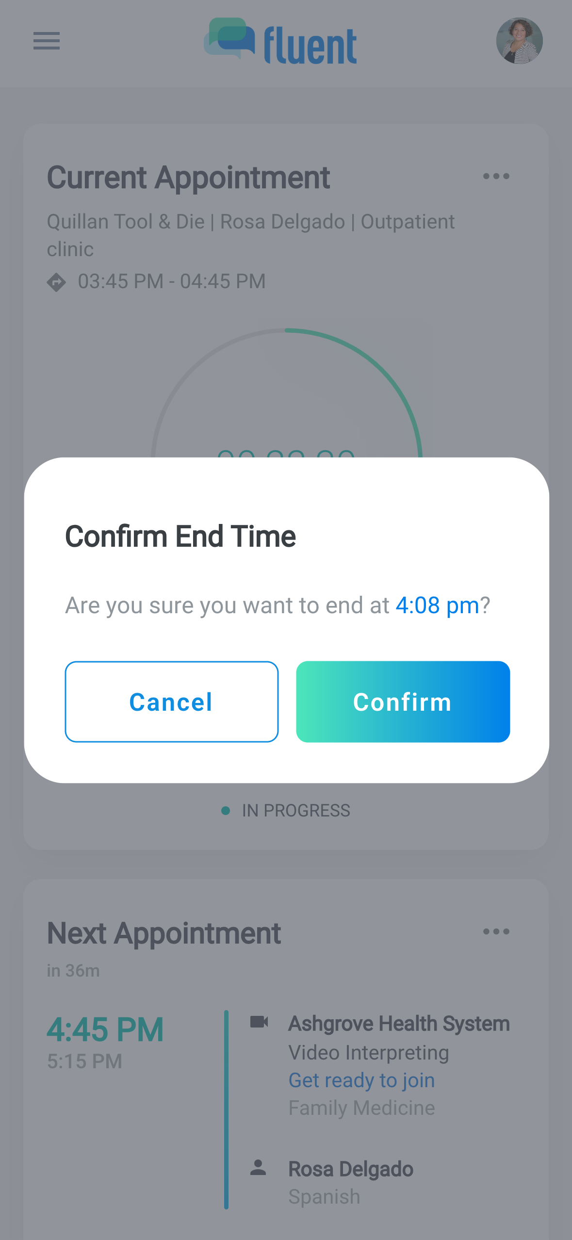 Confirm End Time dialog over the Current Appointment card, asking to end at the current time, with Confirm