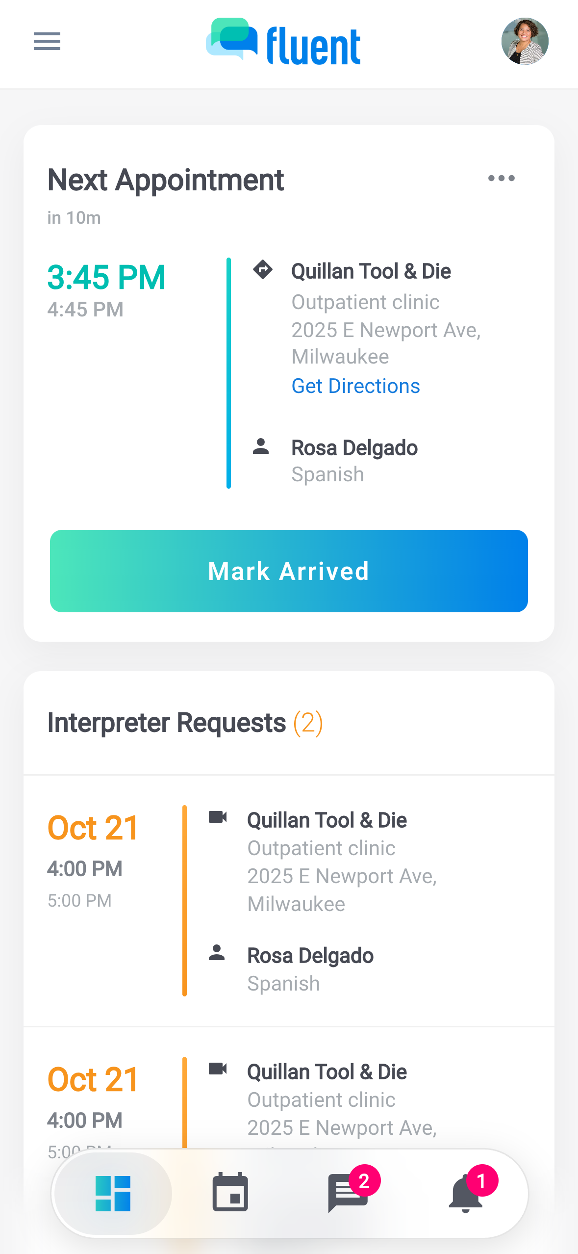 Dashboard Next Appointment card for an In Person appointment with the countdown and Mark Arrived