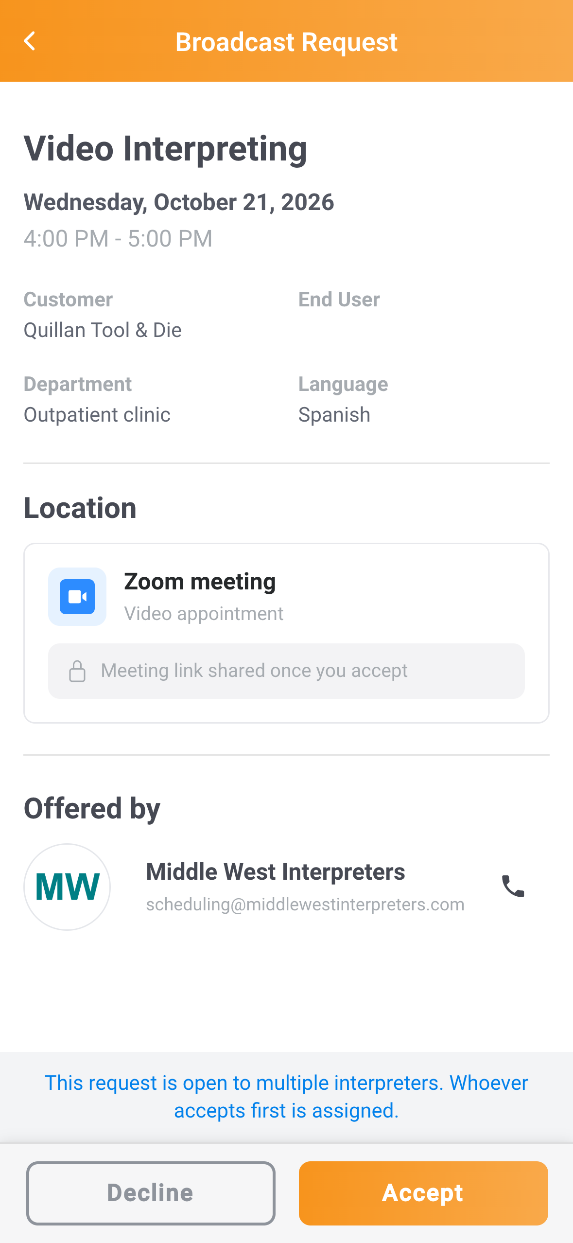 Broadcast Request screen for a Video appointment with the Zoom meeting tile locked and the Accept and Decline buttons